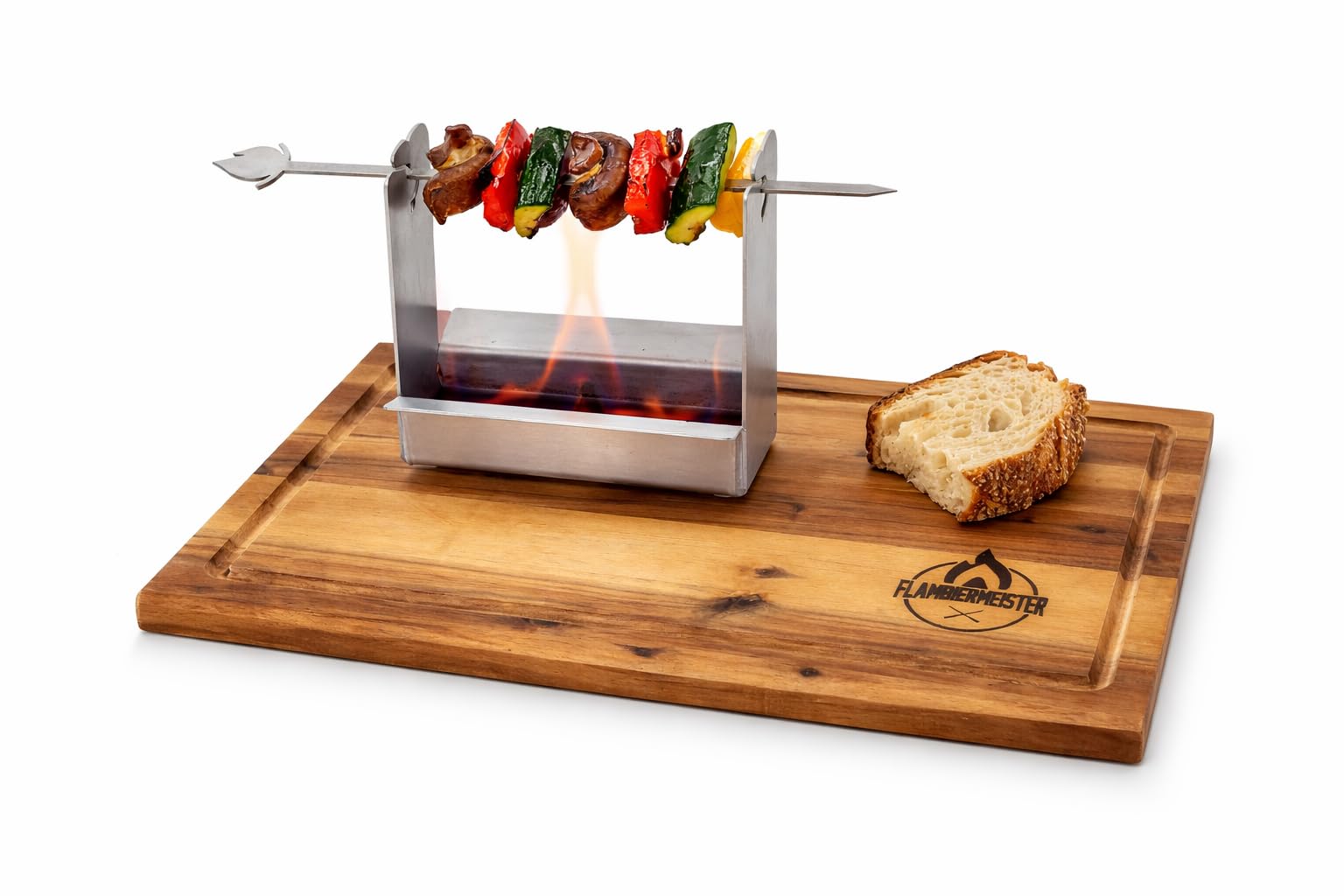 Flambiergrill Tischgrill mit Edelstahlwanne & Akazienholzbrett – Indoor & Outdoor Grill mit Rum – Made in Germany – Geschenkidee für Grillfans, Balkon & Kamin, BBQ, Minigrill