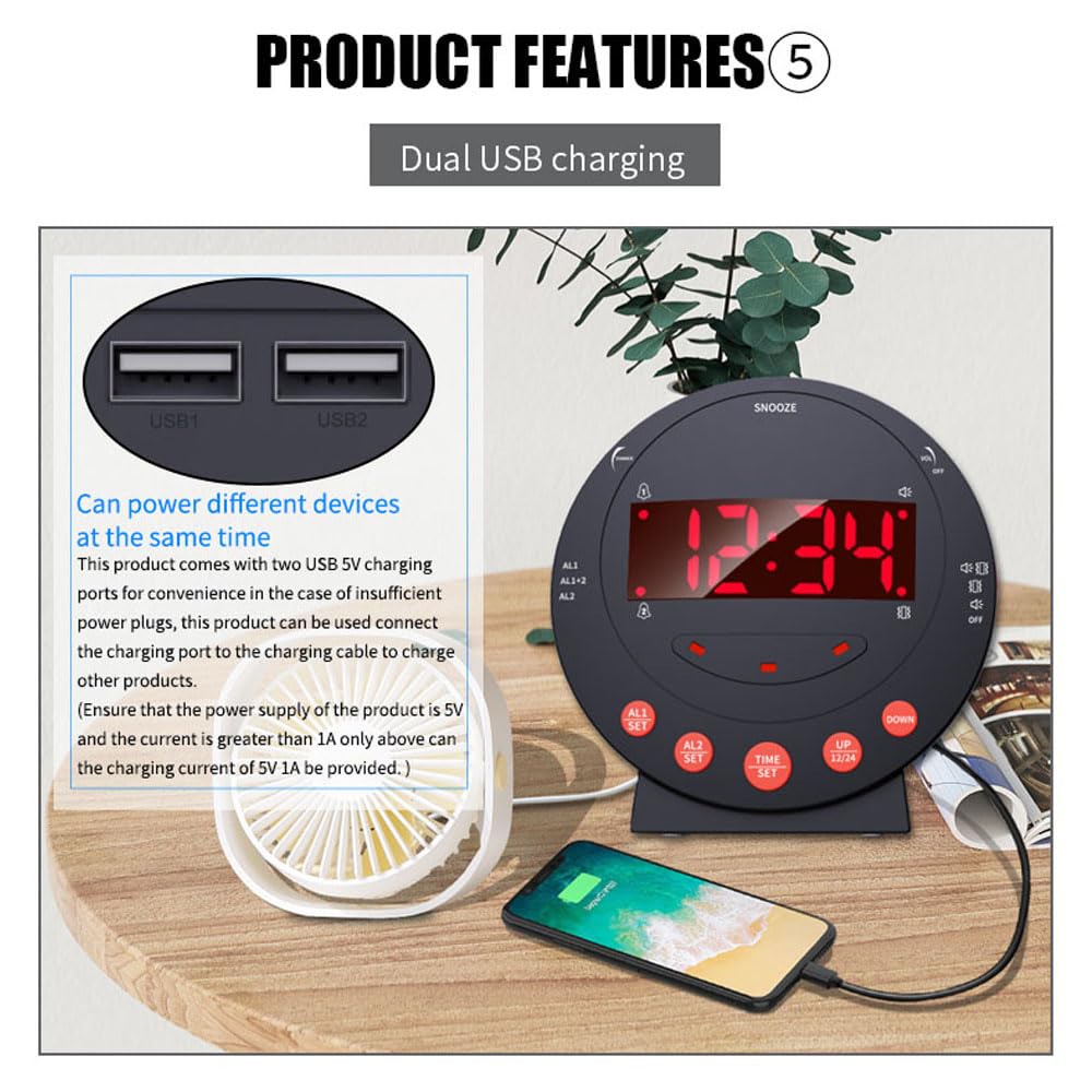 TS-BC600 Reloj Despertador con vibración Fuerte y luz de Flash para agitar la Cama Brillo Ajustable Snooze Ajuste de Alarma Dual Pantalla LED USB
