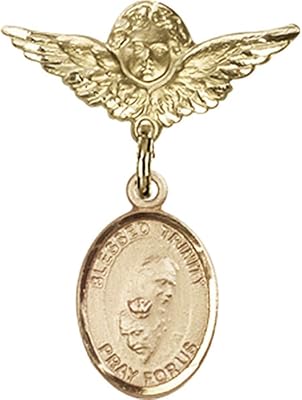 Gold Filled Baby Badge with Blessed Trinity Charm and Angel w/Wings Badge Pin 1 X 3/4 inches