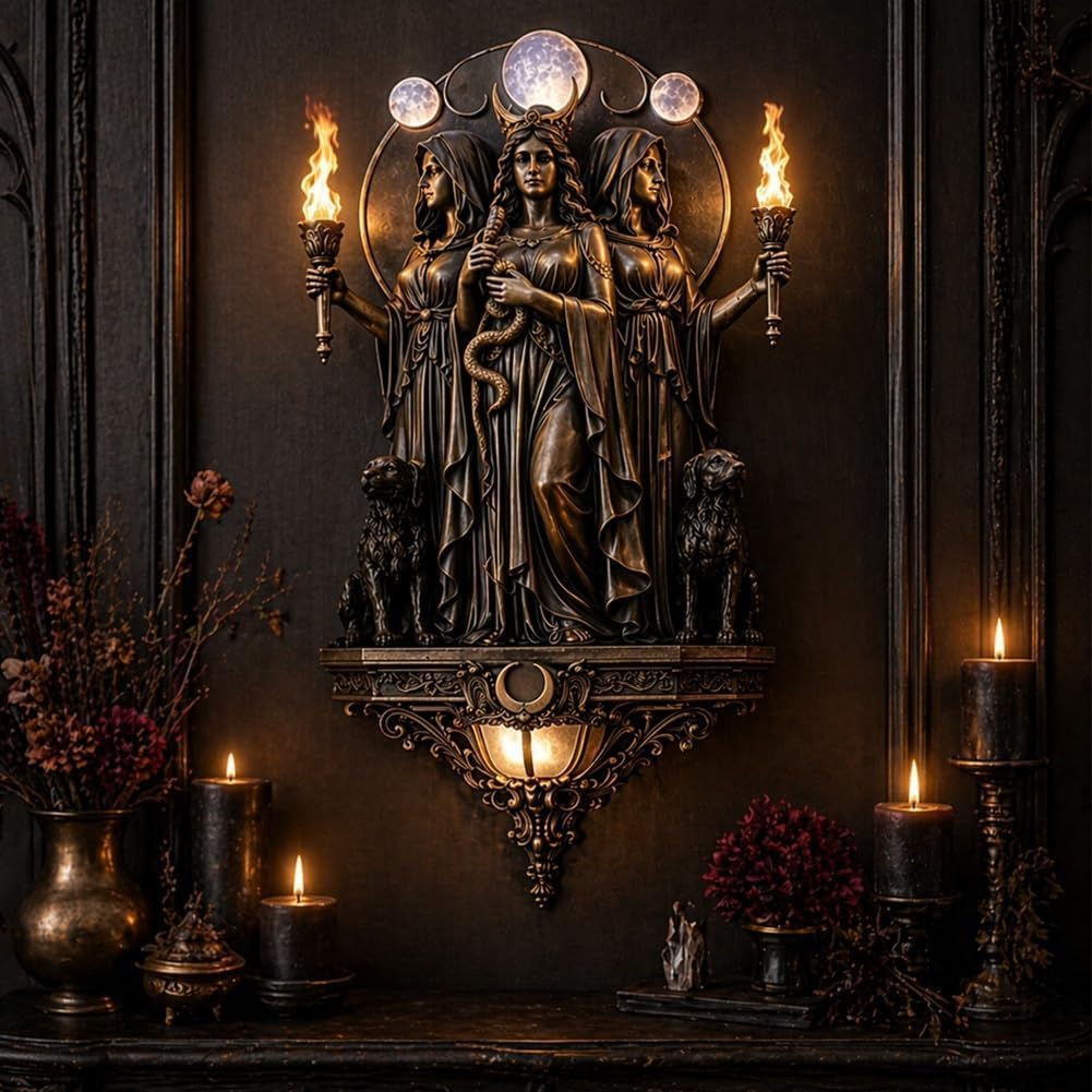 Applique da Parete Hecate, la Triplice Dea Illuminare il Tuo Spazio, Lampada Gothic in Resina con Torce & Cani, Statue Mitologica Greca Ideale per Camera da Letto, Soggiorno e Corridoio
