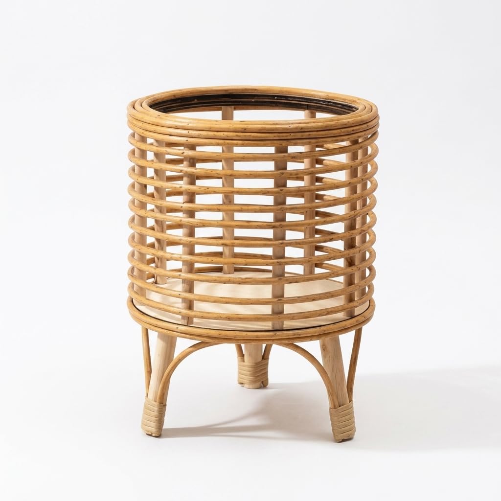 Yunmeryker Rattan Plant Stand Woven Floor-Standing Planter Basket Wooden Flower Pot Holder For Indoor Living Room Balcony Decor, 21x32cm