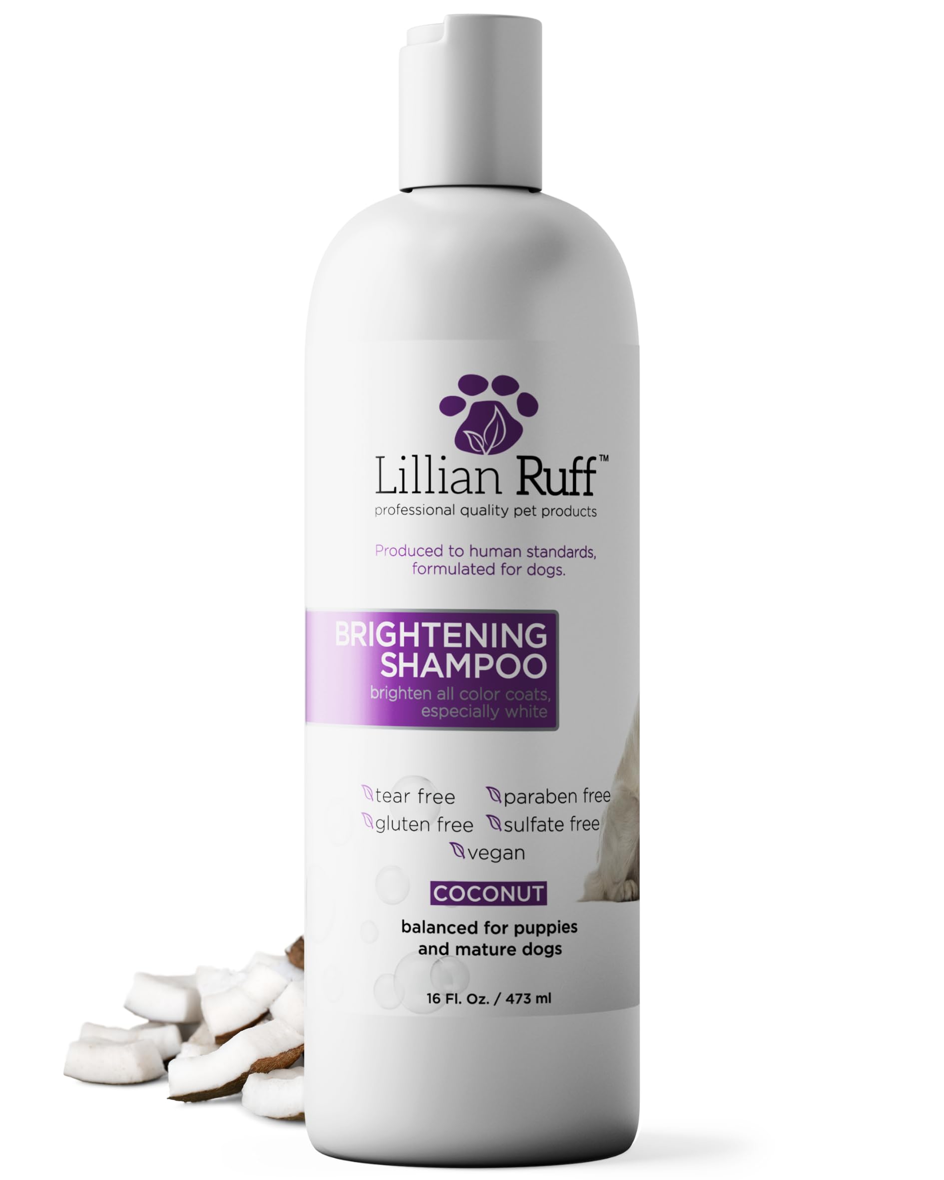 Lillian Ruff PRO Formula Ultra Brightening Dog Shampoo - Professional Whitening & Long-Lasting Odor Eliminator - Removes Stains & Discoloration, Dry Skin & Itch Relief with Aloe & Provitamin B5 (16oz)