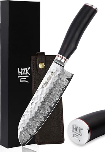Miniatura 1 de YOUSUNLONG Santoku - Cuchillo de chef profesional de 7 pulgadas, acero de damasco martillado japonés, afilado, mango de madera de plomo natural con