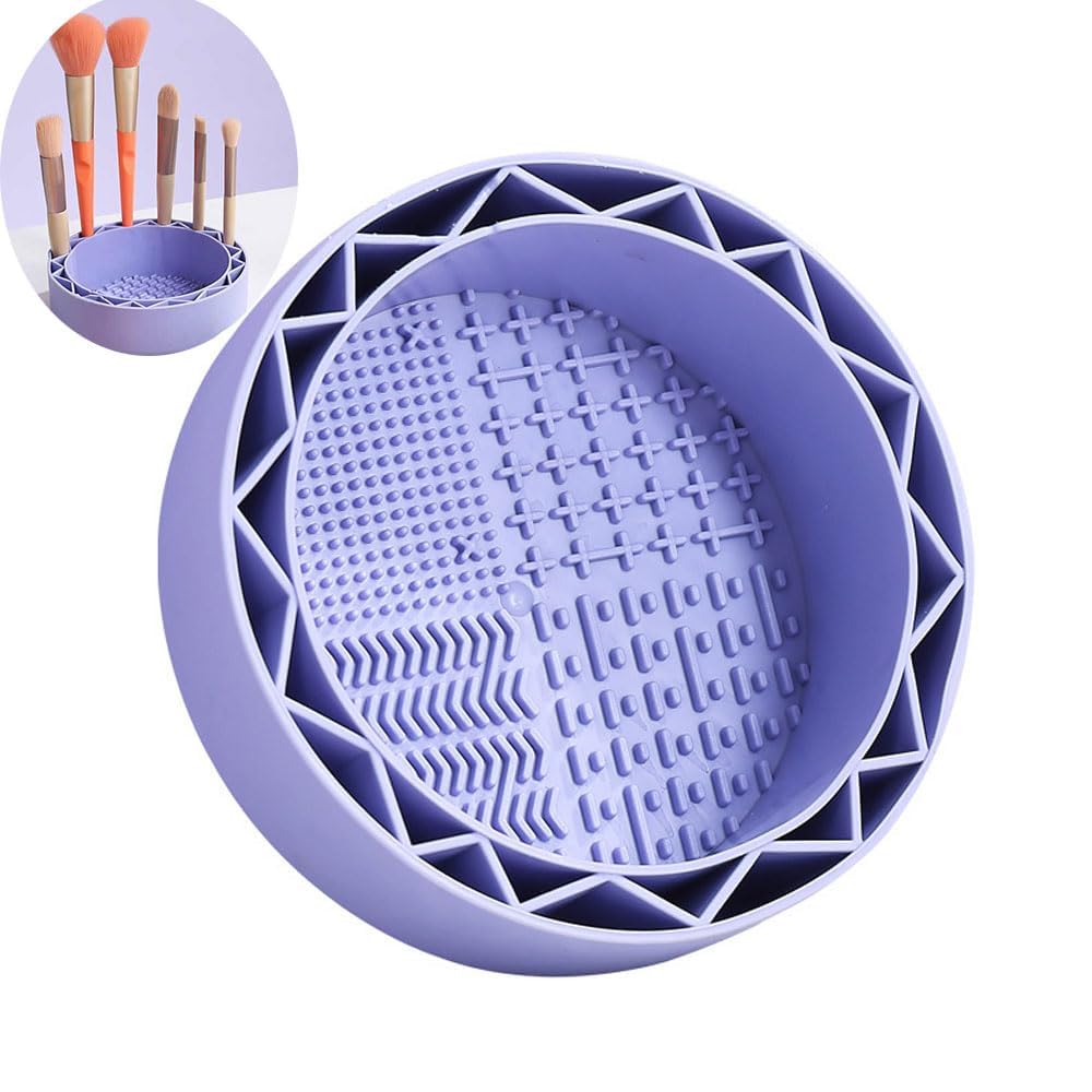 MERISH Makeup Brush Cleaner, Sillicon Brushes Cleaning Mat Brush Holder Bowl Prtable Cleaning Tool (Purple)-image-15