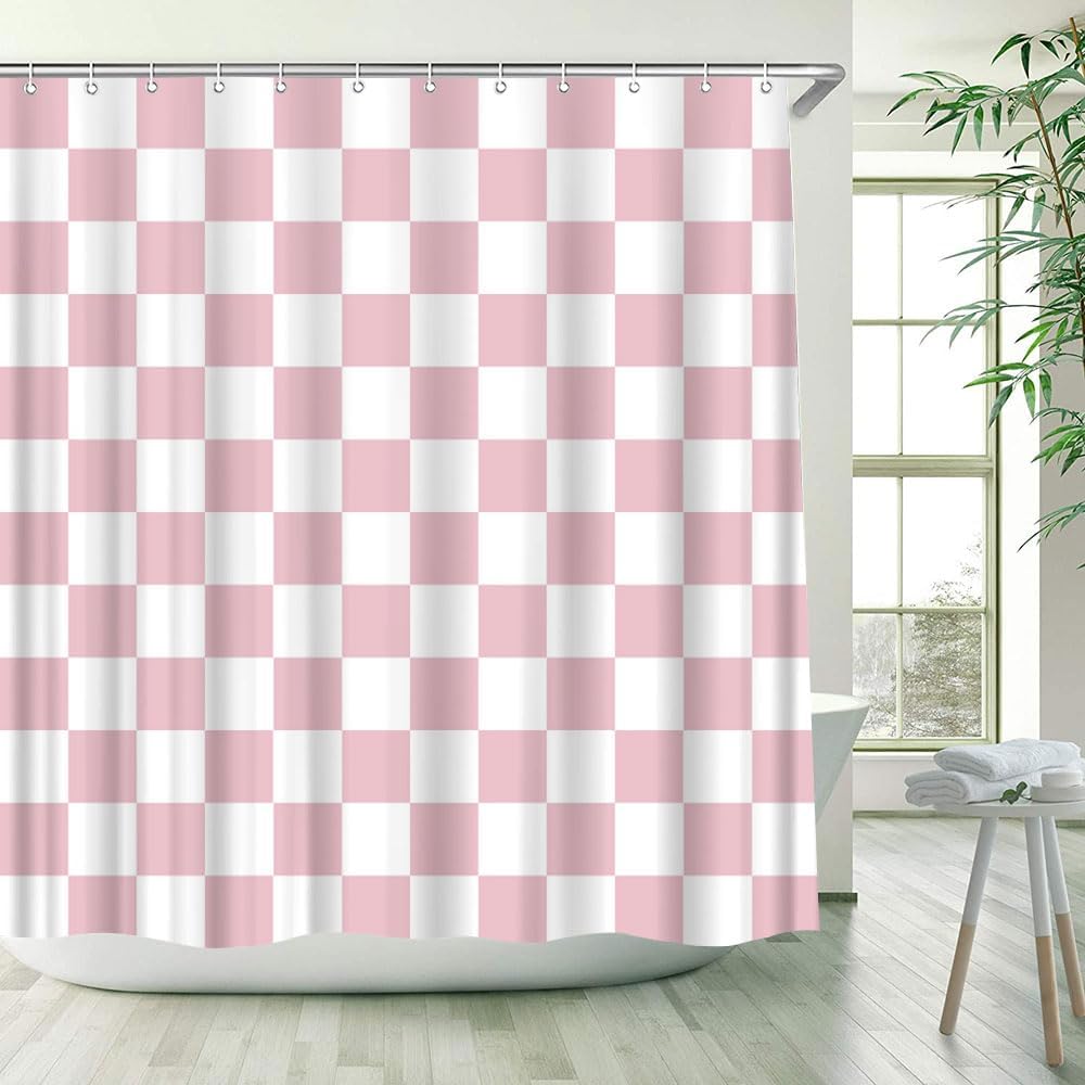 Checkered Shower Curtain White Geometric Plaid Cute Retro Checkerboard Vintage Square Aesthetic Bathroom Decor Fabric Curtains with Hook 70Wx80H Inches