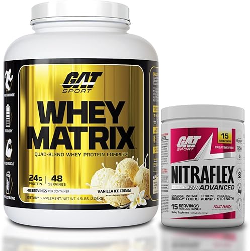 GAT Sport WHEY Matrix Quad-Blend - Complejo de proteína de suero de leche 48 porciones con Nitraflex 15 porciones suero de leche vainillanitraflex
