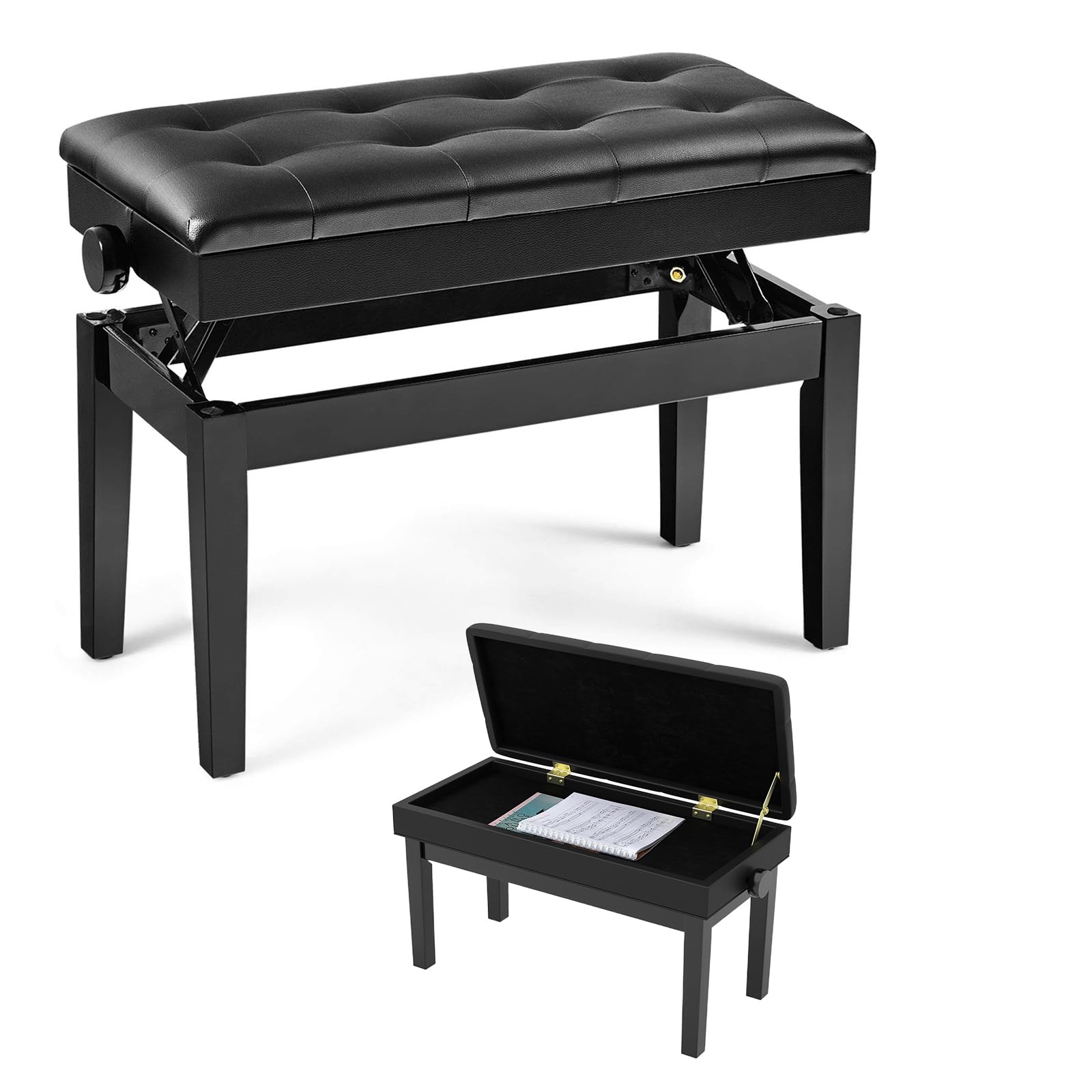 LIFEZEAL Taburete Doble para Piano, Banco de Piano de Altura Ajustable, Banqueta de Piano con Caja de Almacenamiento Oculto, Asiento de Piano de Piel sintética, Marco de Madera Maciza, Negro