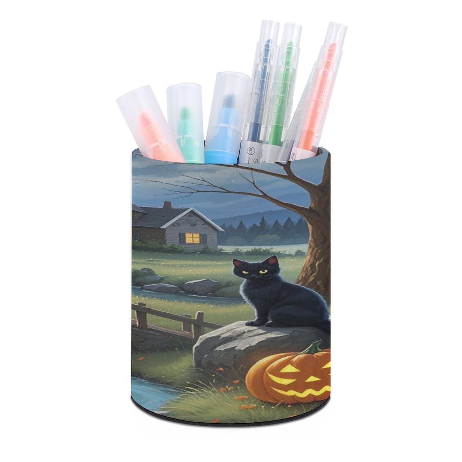 FekiLoot Full Moon Bridge Black Cat Pen Holder Cup Fashion PU Leather Pencil Cup Minimalist Pen Organizer Round Pencil Holder Stand Work Locker Accessories for Decoration Desk Office Home