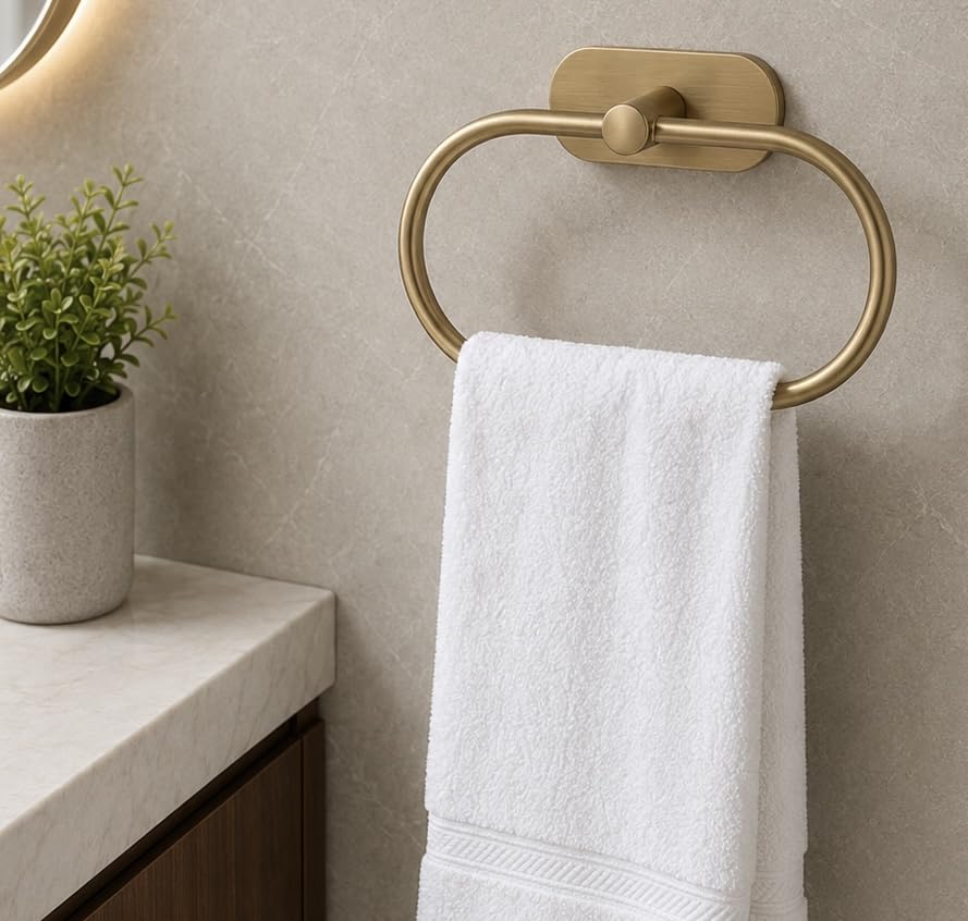 Image of Oslen Magic Sticker Towel Ring Holder for Bathroom - Self Adhesive Wall Mount Hand Towel Hanger Without Drilling, Brushed Antique Brass Gold Finish, Rustproof Stainless Steel (Pack of 1)