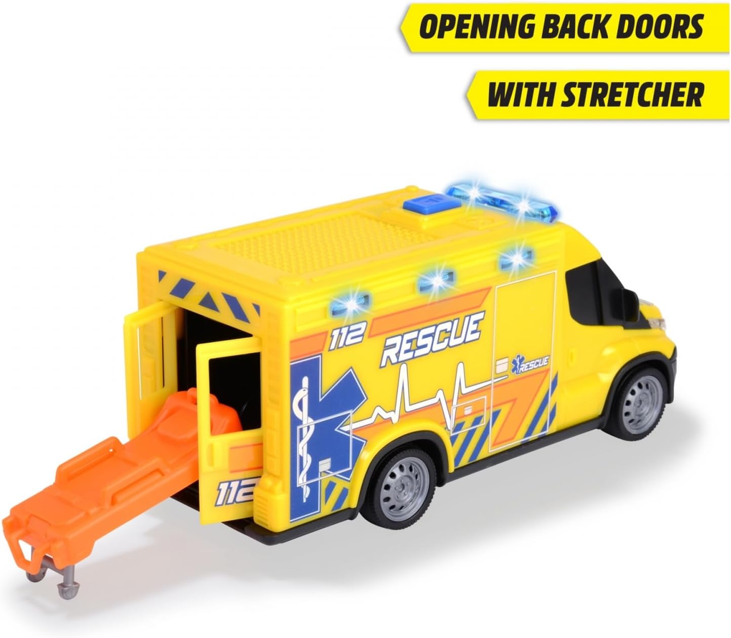 Dickie Toys - Iveco Daily Ambulance (Yellow, 18 cm) - Rescue Vehicle with Light, Sound and Toy Accessories (Including Batteries), Toy Car for Children from 3 Years