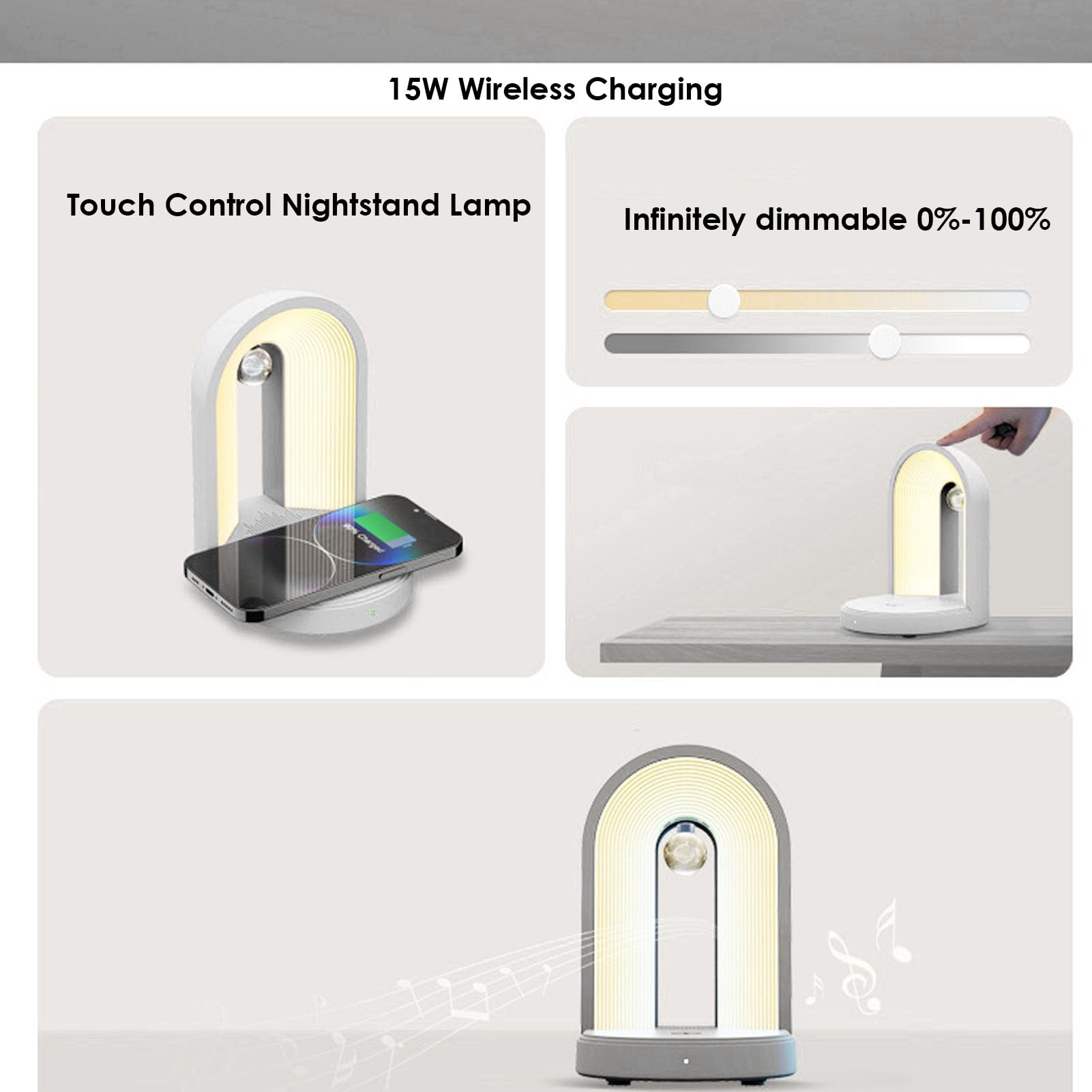 Asixxsix Luz Nocturna 3 en 1 con Cargador Inalámbrico, Lámpara de Noche con Altavoz Bluetooth, Lámpara de Mesa Táctil Regulable para Dormitorio, Regalos de Cumpleaños para Adolescentes