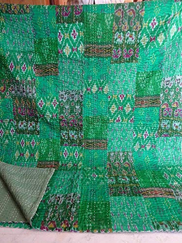 Sophia-Art Twin/King Indian Silk Sari Kantha Bedspread Bed Cover Ethnic Throws Quilted Patchwork Indian Quilt Cover Old Bohemian Vintage Patola Quilt (Green, California King 108"*108")