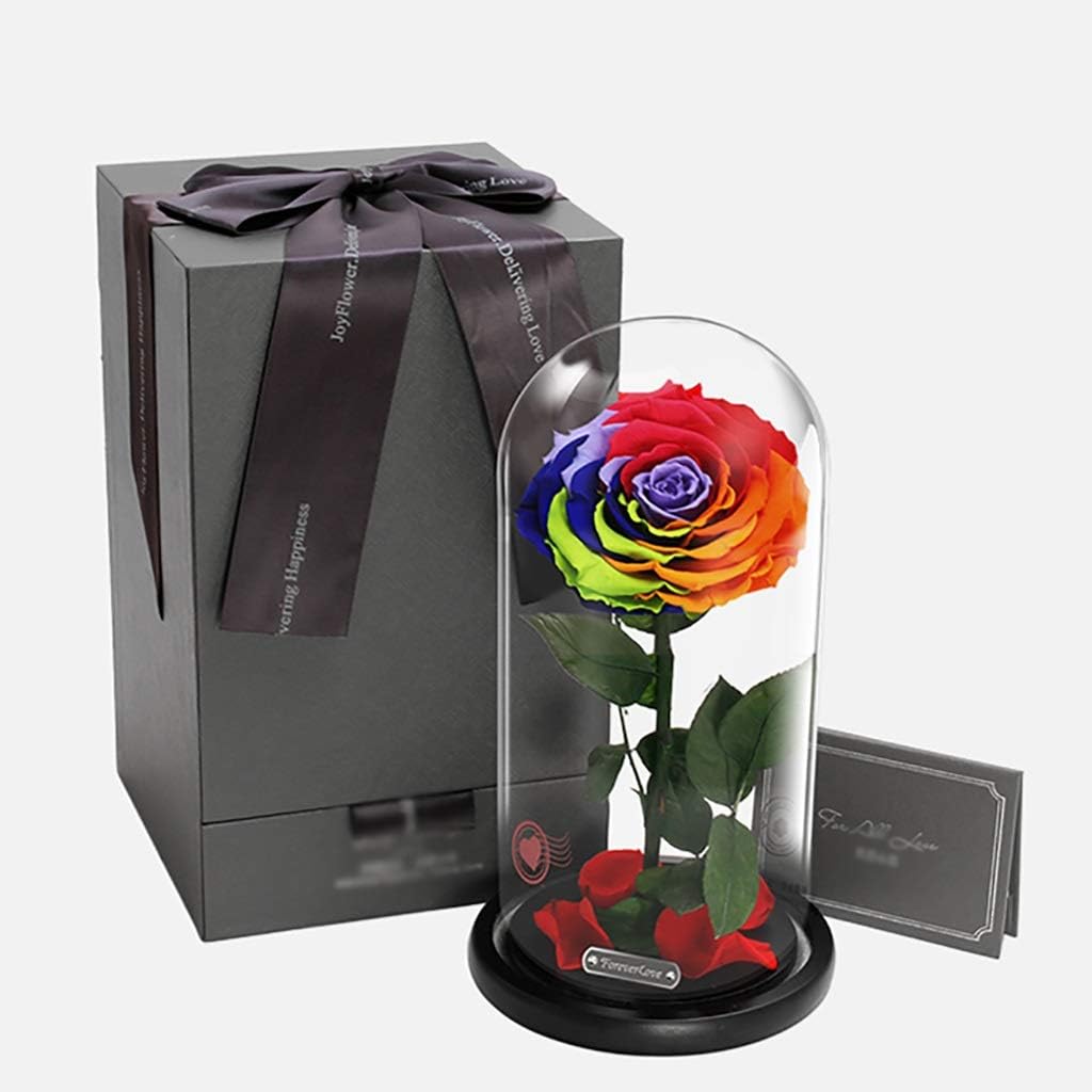 L Eternal Flower Color Eternal Rose Glass Cover Wooden Base Romantic Enchanted Love Forever Gift for Wedding Valentine's Day Anniversary Birthday (Single Rose)