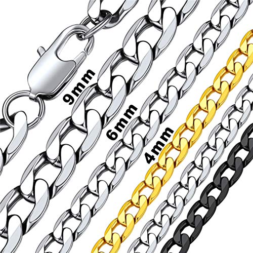 Bandmax Silver Curb Cuban Link Necklace for Men 316L Stainless Steel Durable Heavy 4mm Width Women Boys Male Long Metal Hip Hop Punk Biker Flat Miami Chain Necklace Jewelry 14Inch(Brand Box)