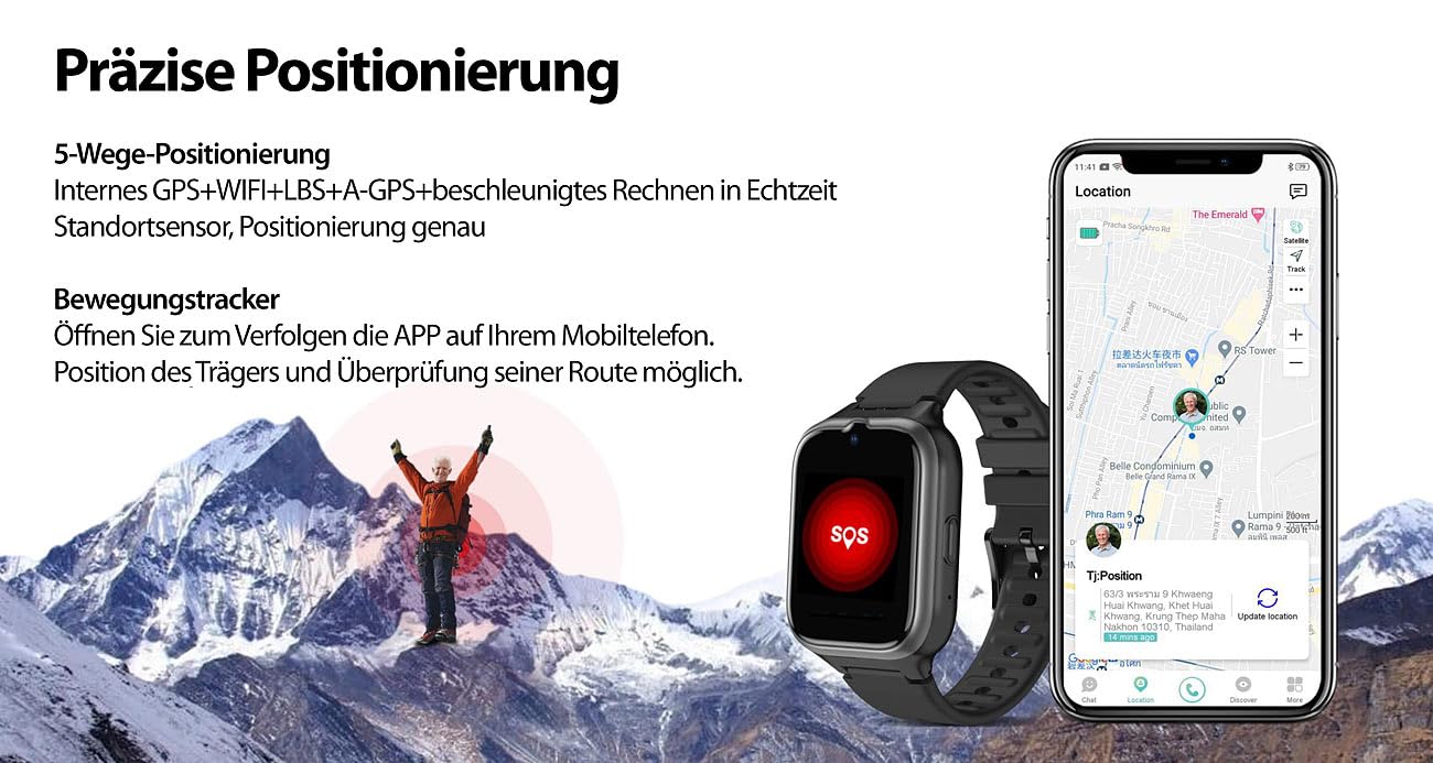 simvalley MOBILE Notruf Uhr mit SIM-Karte: 4G/LTE-Senioren-GPS-Handy-Uhr mit Garantruf Easy und Video-Telefonie (Senioren Smartwatch mit SIM-Karte, Handyuhren, Telefon)