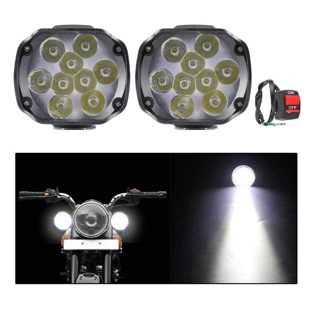 GrowAbout9 LED Bumble Bee Oval Auxiliary Bike Fog Lamp Light Assembly White Set Of 2 with Switch for Yamaha FZ 16 Ver 2.0 FI