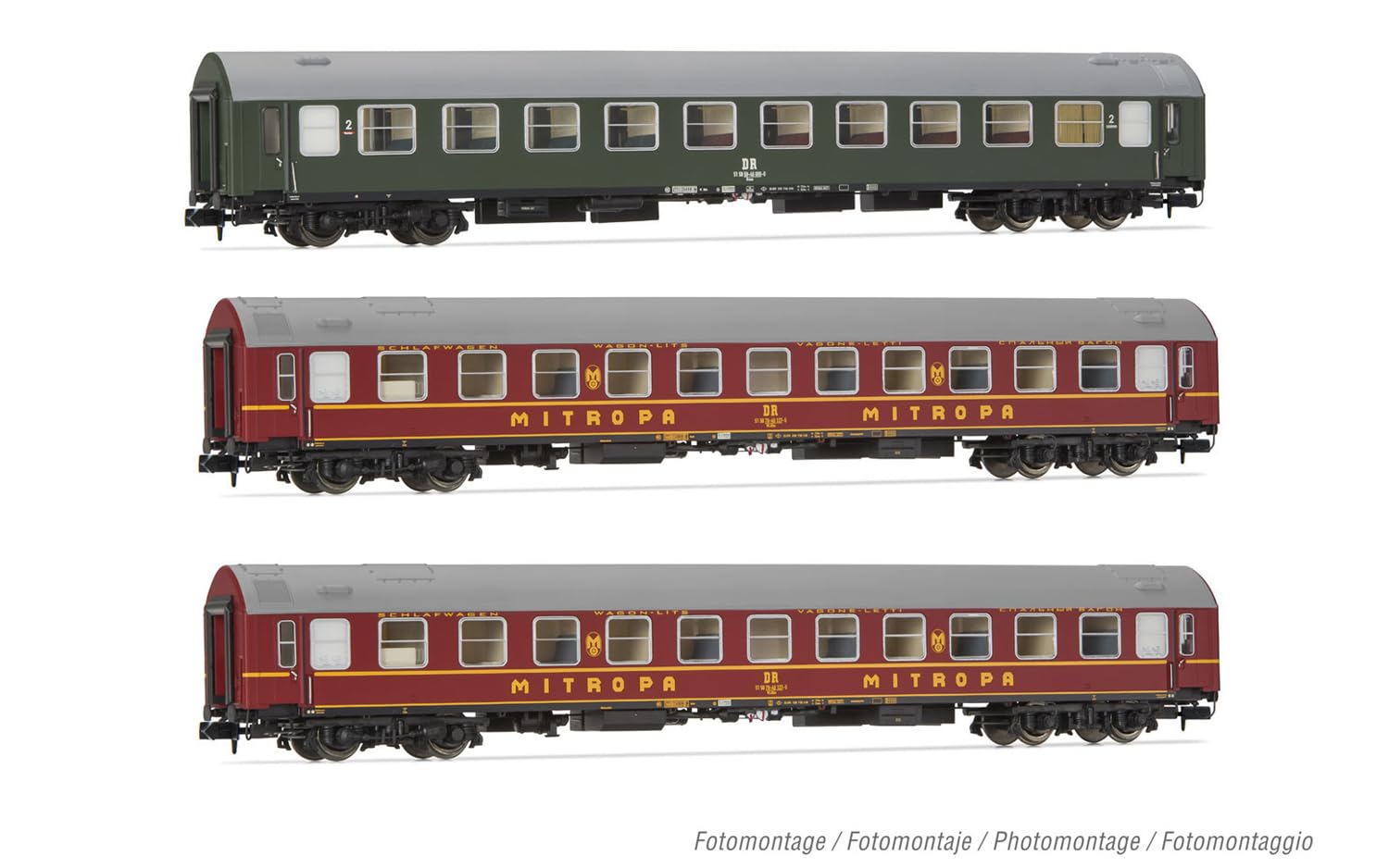 Arnold HN4423 DR, 3-unit pack OSShD type B coaches, Spree-Alpen-Express, set 1 of 2, green and red livery, epIV, 1 x Bc plus 2 x WLAB Passenger Coaches