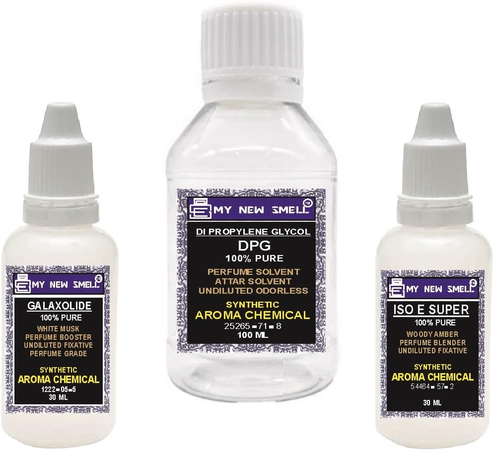GLAXOLIDE (30 ML) DPG (100 ML) ISO E SUPER (30 ML) – COMBO OF 3 FIXATIVES FOR PERFUME BOOSTER SOLVENT BLENDER with HOW TO USE MANUAL