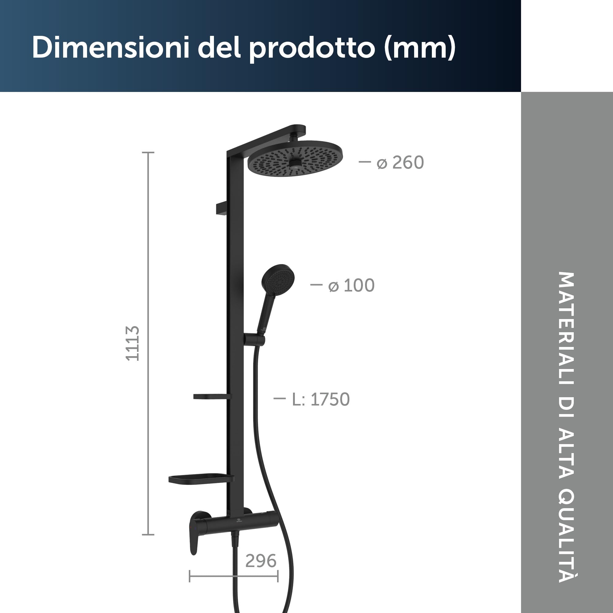 Ideal Standard Ceraflow Alu+ Colonna doccia, Realizzato con l'100% di alluminio riciclato, doccia a risparmio idrico con getti variabili e protezione antiscottatura – Nero Opaco (356x501x1113 mm)