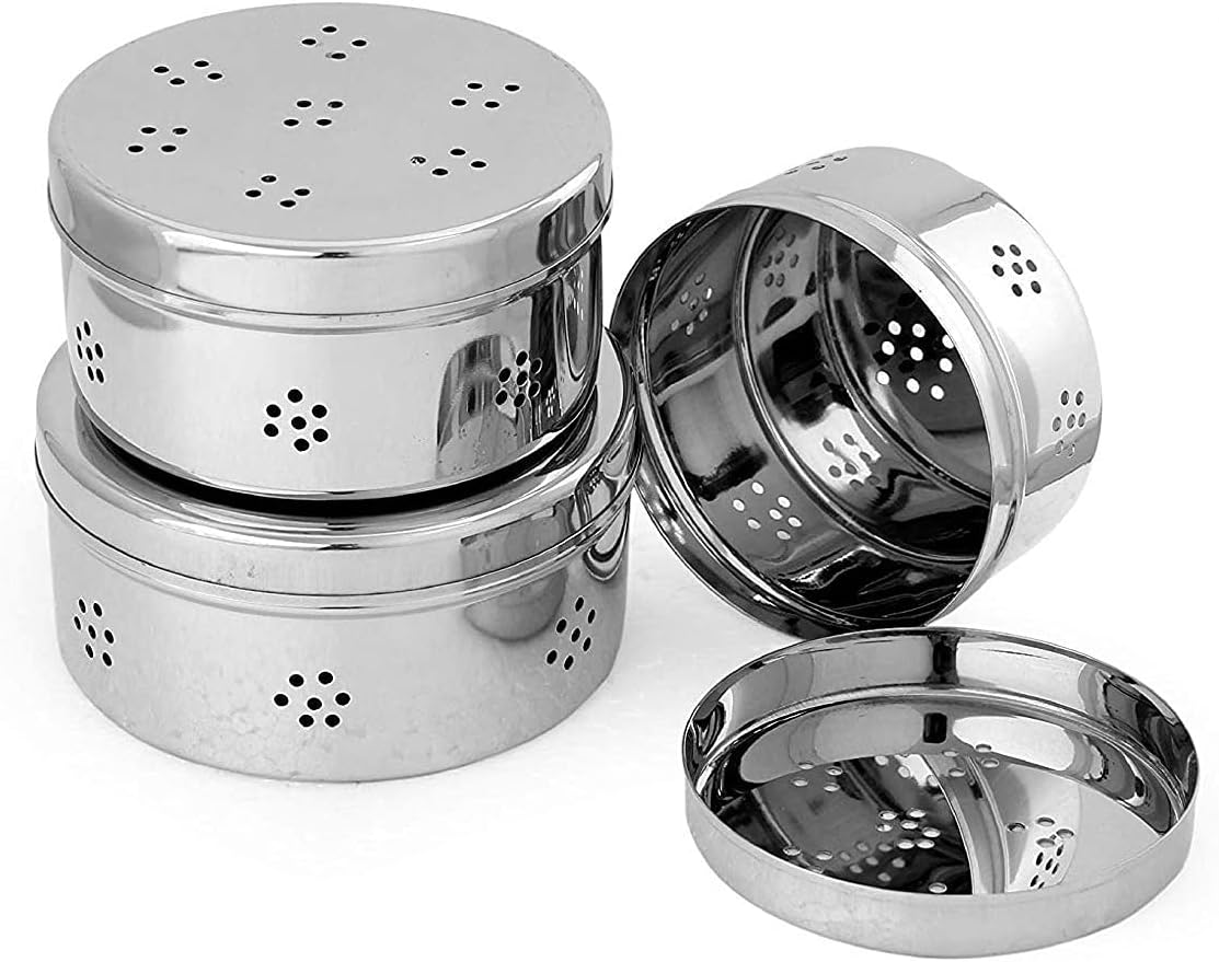 Dharam Paul Traders® Stainless Steel Dhaniya dibba, Coriander Storage Box,Hole Puri Dabbas/Sprout Maker/Flat Canisters with Air Ventilation Heavy Weight, Set of 3.