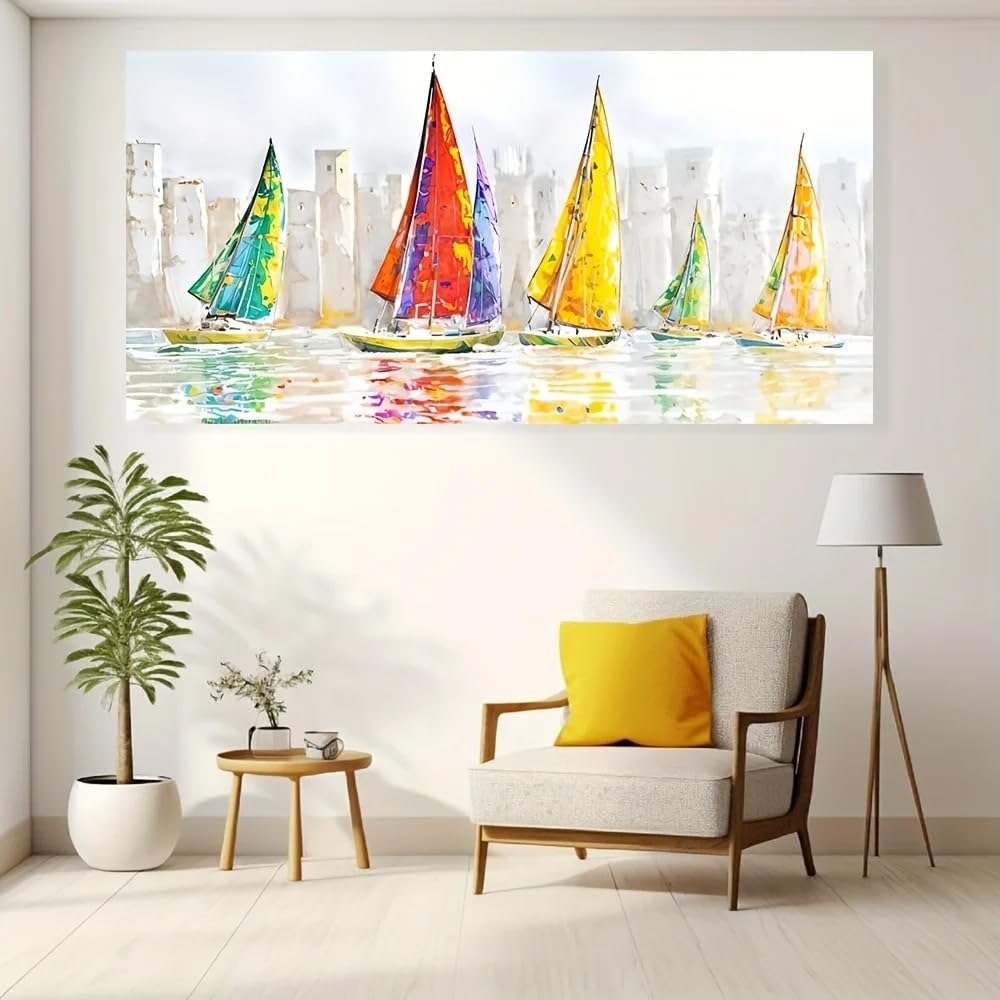 GOSRD Abstract Sailboat Wall Art Canvas Print Painting Modern Nordic Minimalist Decor, Watercolor Style For Living Room Home(55X110cm)