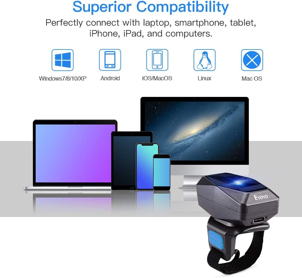 Eyoyo Upgraded 1D Wireless Ring Barcode Scanner Bluetooth, 3-in-1 USB Inventory Bar Code Scanner Fast Scanning Portable Mini Finger Barcode Reader Compatible for Tablet iPhone Android Windows Mac
