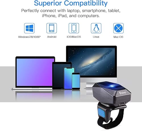 Miniatura 8 de Eyoyo Escáner de código de barras de anillo inalámbrico 1D mejorado Bluetooth, escáner de código de barras de inventario USB 3 en 1 escaneo rápido
