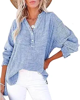 Womens Casual Gauze Button V Neck Long Sleeve Oversized Blouses Tops,Casual Button Shirts Dressy Summer Cute Tunic Top