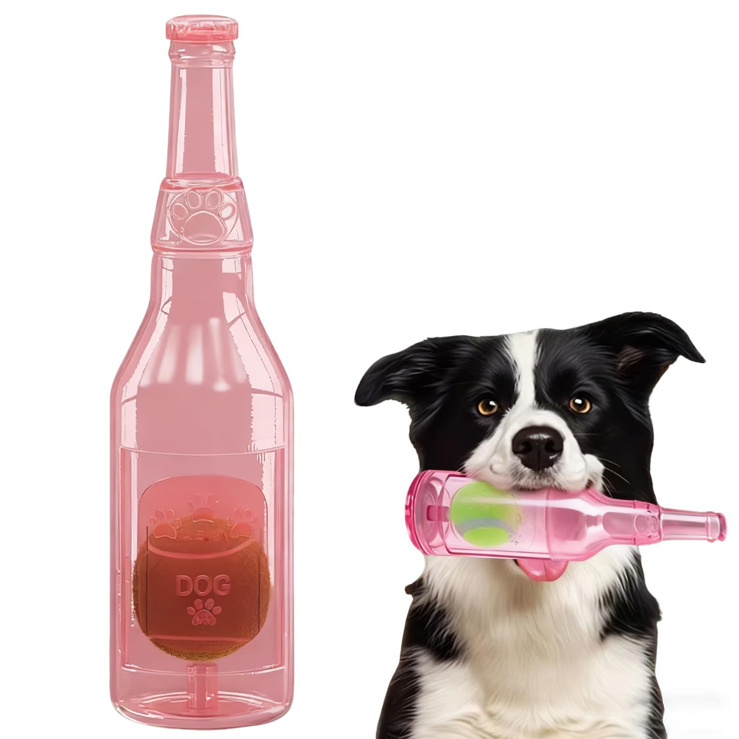 Bertifive Dog Chew Toys, Squeaky Dog Toys, TPR Rubber Bottle Toys for Dogs with Tennis Ball, Outdoor Interactive Dog Toys Dogs Dental Care Teeth Cleaning Toy for Medium and Small Dog, Pink
