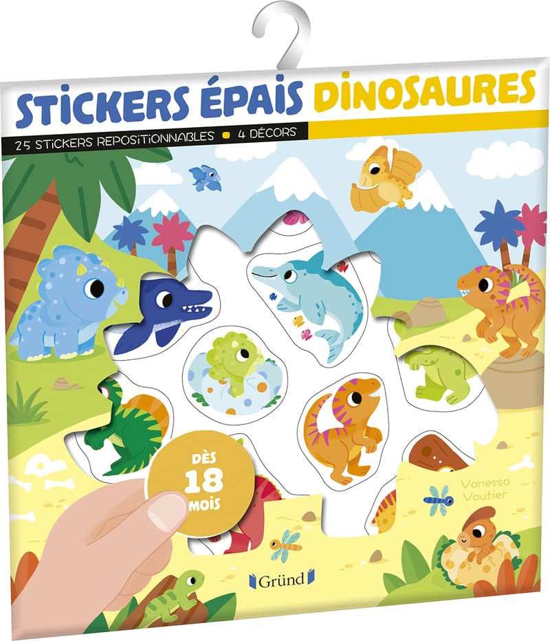 Stickers épais : Dinosaures – Pochette de 25 autocollants épais et repositionnables avec 4 décors – À partir de 18 mois