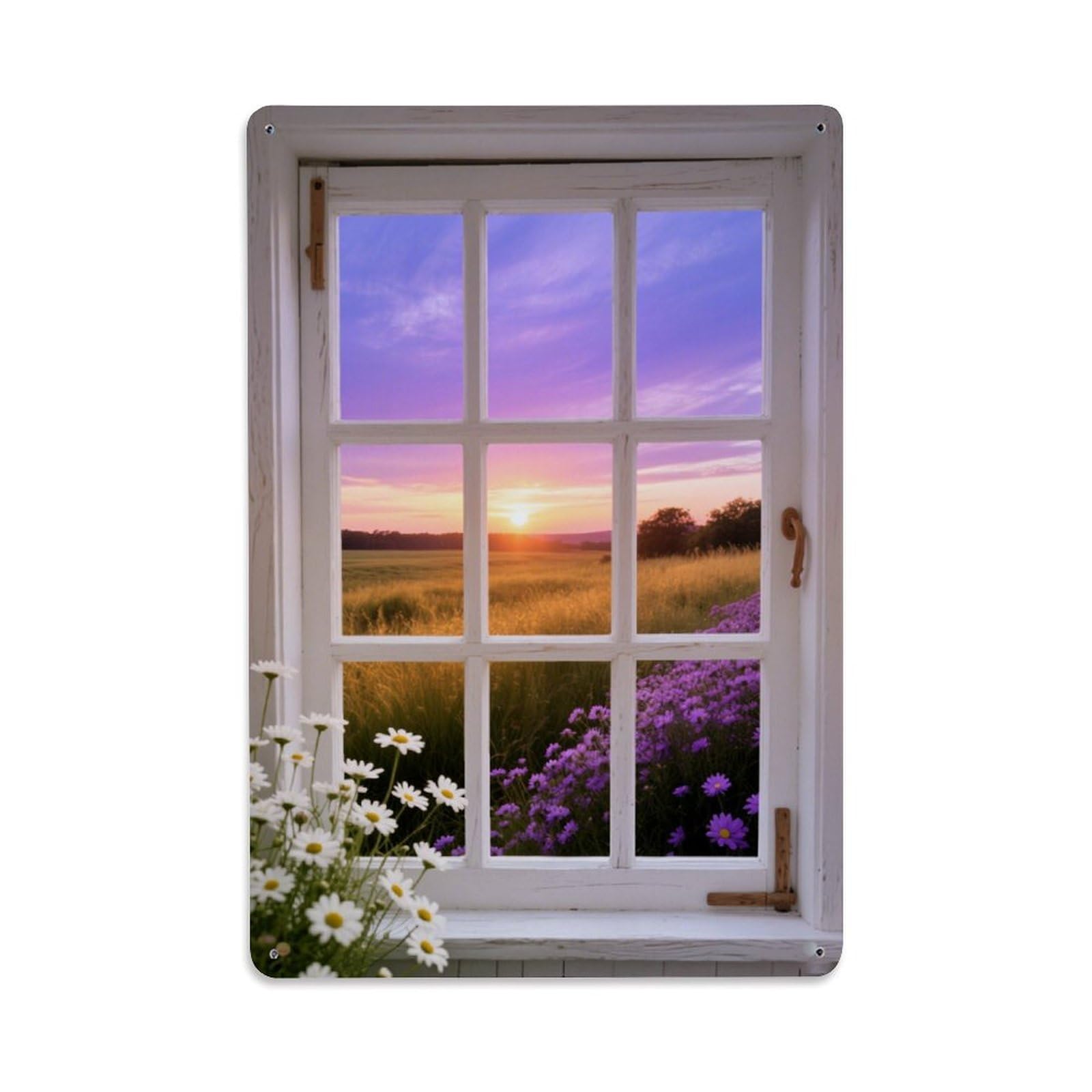 Jdyaojiesheng Vintage Sunset Field Flowers Window View Tin Sign Retro Metal Wall Decor Metal Poster, Home Bar Garage Farmhouse Cafe Wall Art Decoration 8X12inches