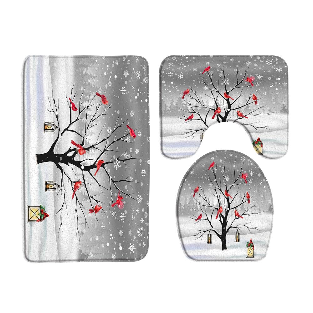 Winter Tree Bird 3 Pcs Bath Rugs Set,Christmas Red Bird Snowy Pine Tree Snowflake Winter Holiday Nature Scene Bathroom Kitchen Rug with 17.8