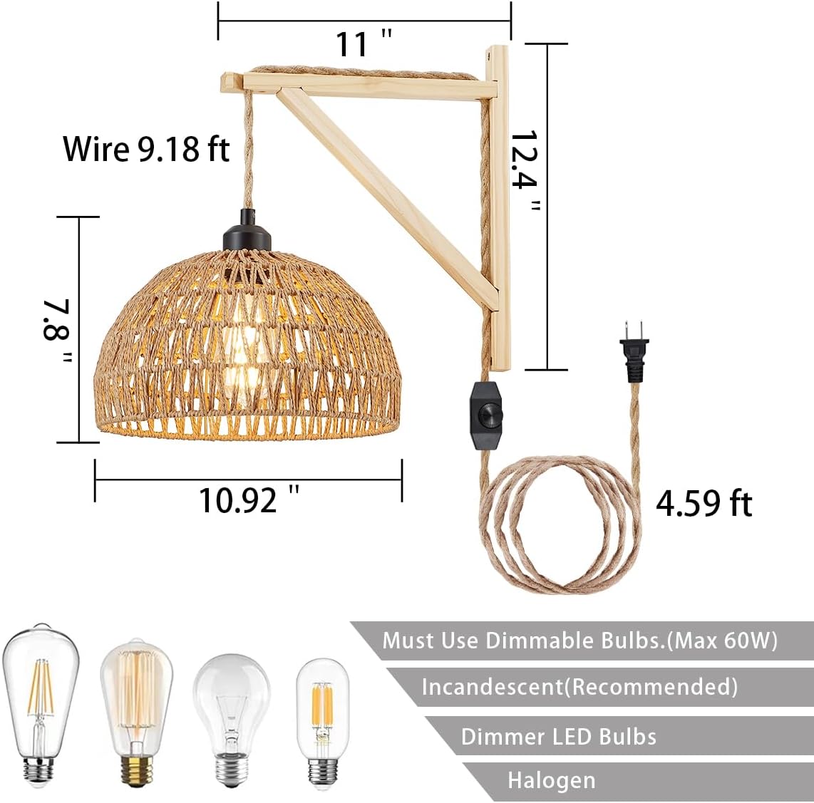 KAMTAT Boho Rattan Wall Sconce Plug in Hanging lamp Hand Woven Plug in Wall Sconces Rattan Rope Wall Light Farmhouse Wall Mounted Light Boho Wall Sconces Wall Lighting for Bedroom Living Room(1PK)