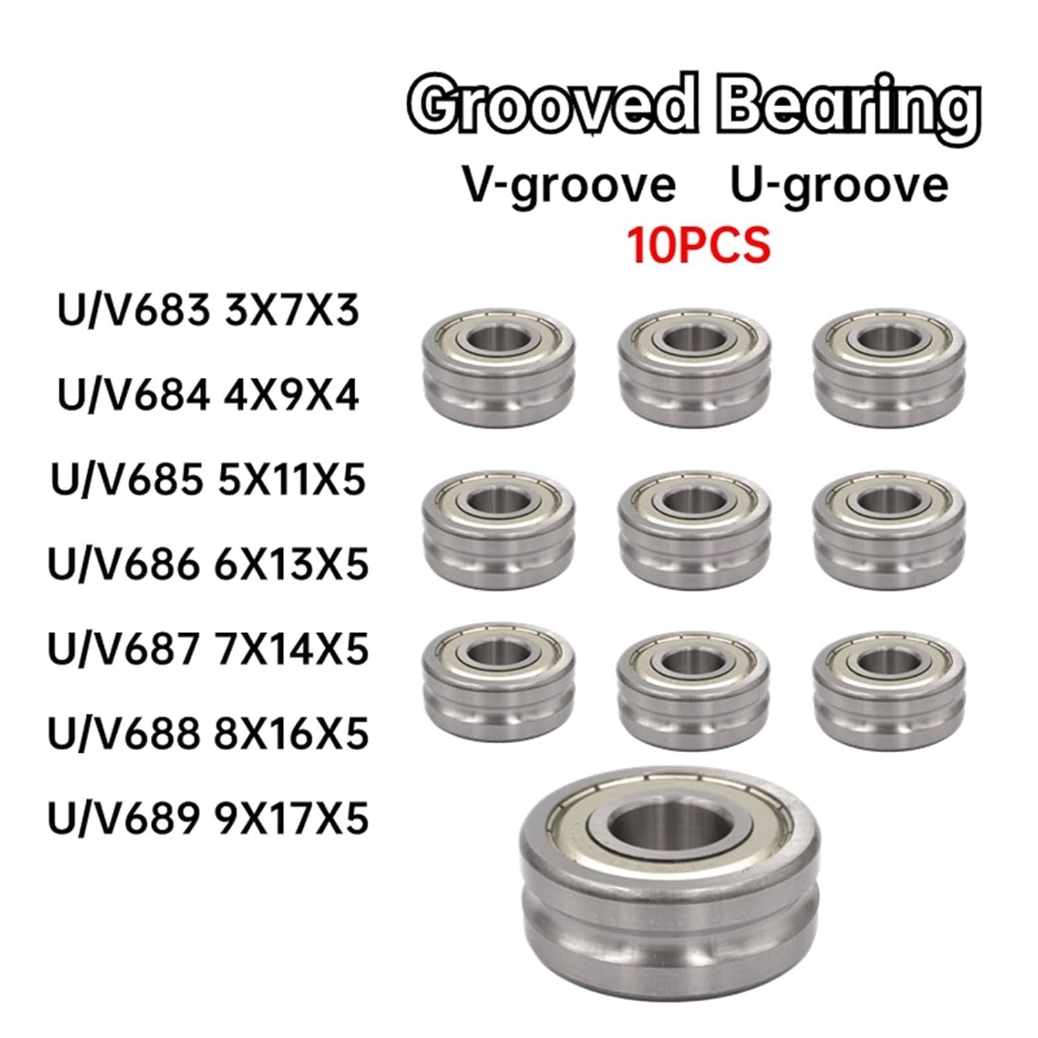 Deep Groove Ball Bearing 10PCS Micro Grooved Bearing 683 684 685 686 687 688 689 U V H Grooved Straightening Pulley 3 * 7 * 3 (Size : 686 6x13x5, Style : U-grooved)
