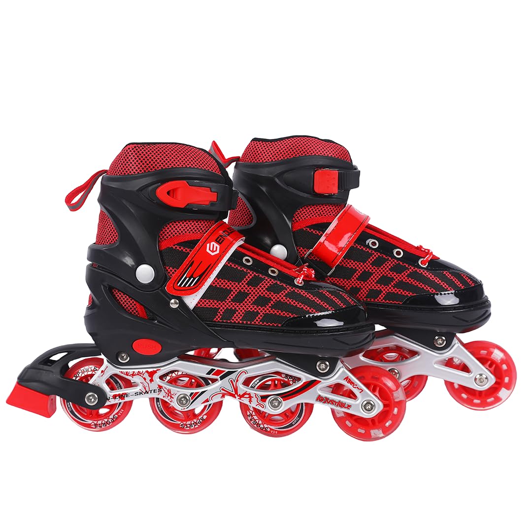Endless EL1025 Inline Adjustable Skates Large Size 39 EUR (UK 5.5) - 43 EUR (UK 9) for 12 Years and Above | Red | Aluminium Chassis and 70 mm PU Wheels | Front Wheel Flash, ABEC 7 Bearing