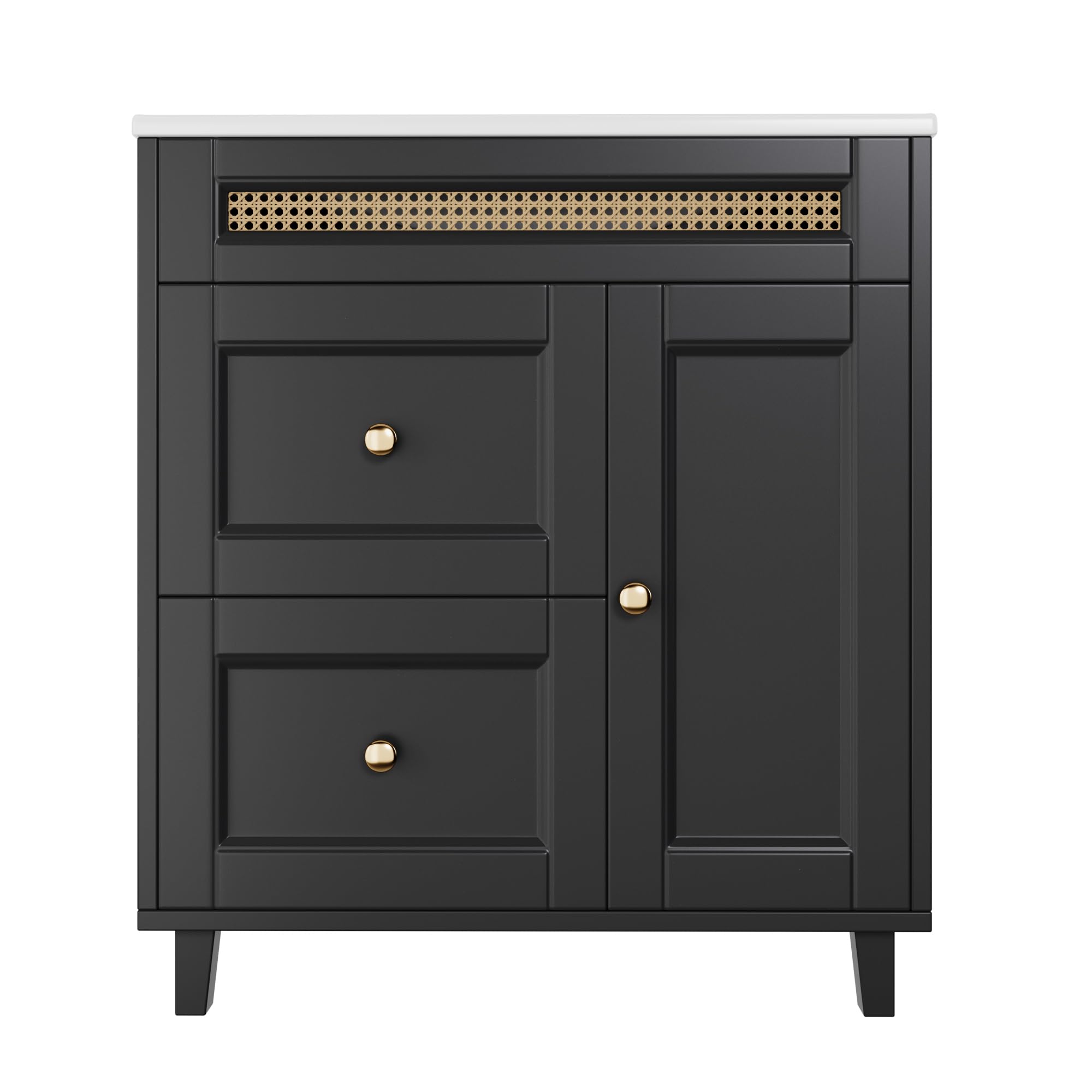 Tocador de baño independiente, rieles de cajones dobles silenciosos, puertas de armario con función de cierre suave, asas doradas y adornos de ratán, lavabo de cerámica, negro, 76 x 46 x 86,5 cm