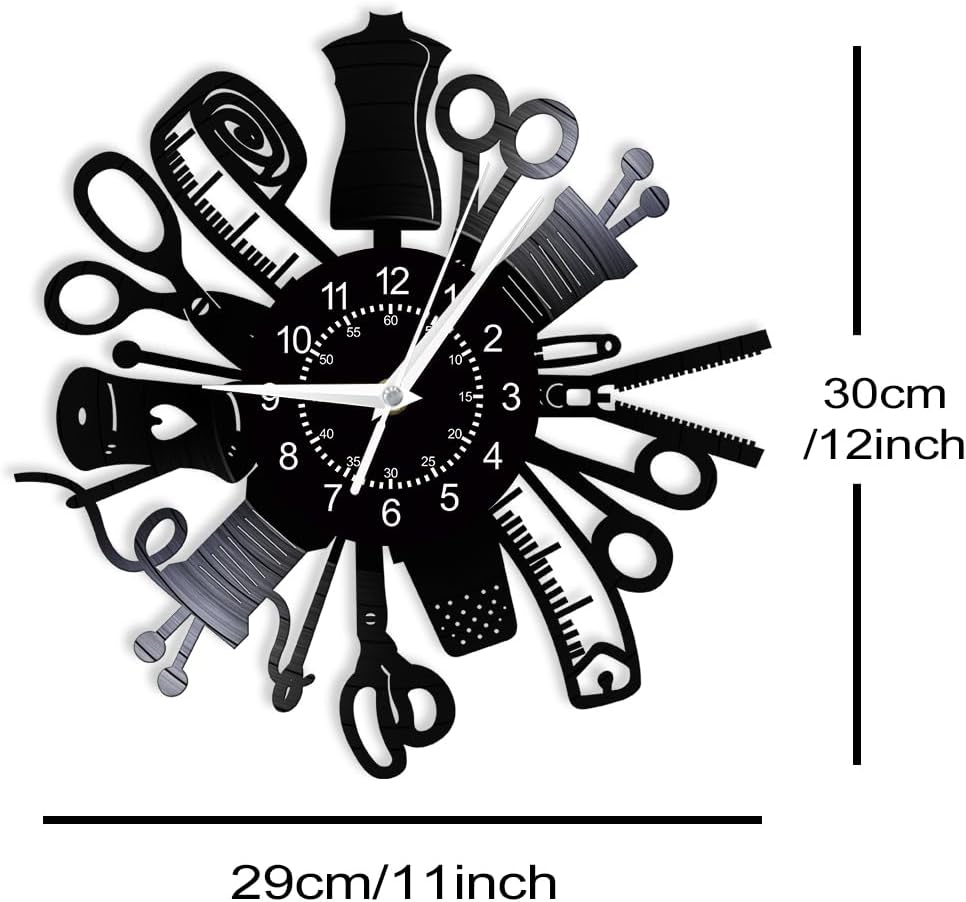 Sewing Wall Clock, 12'' 7 Colors LED Sewing Machine Quilting Vinyl Record Wall Clock Silent Non Ticking, Vintage Decorative Analog Night Light Wall Watch Clock for Tailor's Shop Tailor Gifts