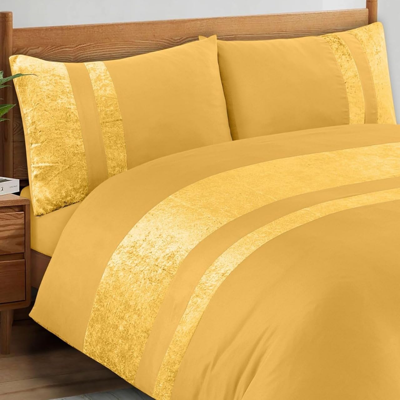 Casabella Ochre Luxury Crushed Velvet Panel Band Duvet Cover Sets With Pillow Case Bedding Set – Crush Velvet King Duvet Set Size 1