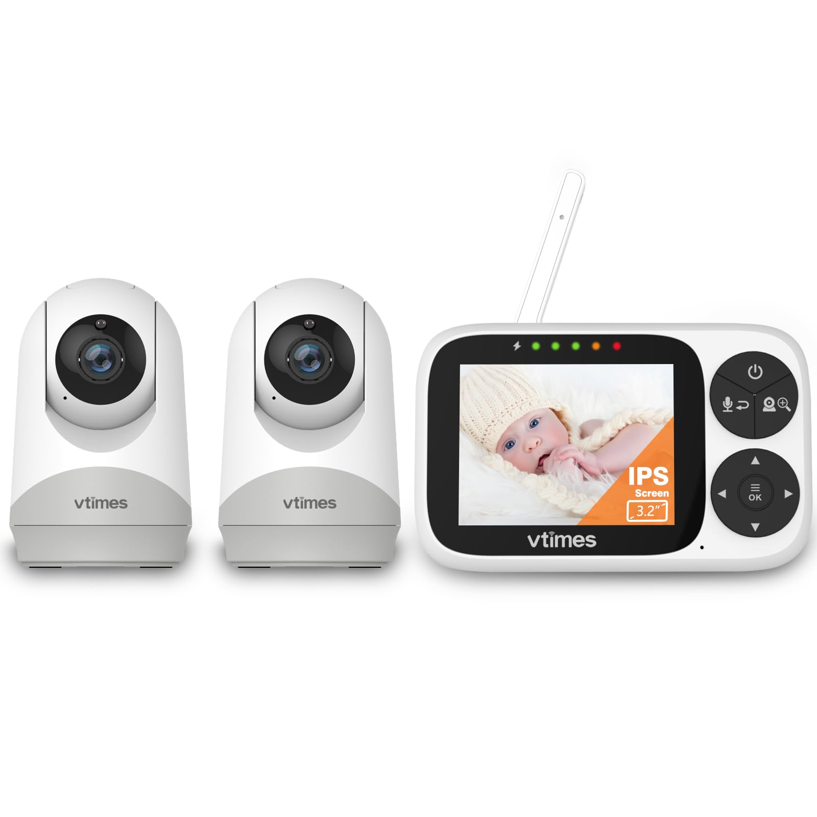 VTimes Video Baby Monitor with an Extra Camera, 3.2" IPS Screen, Baby Monitor Camera No WiFi Night Vision VOX Mode Pan-Tilt-Zoom Temperature Display 2 Way Audio Lullabies and 1000ft Range