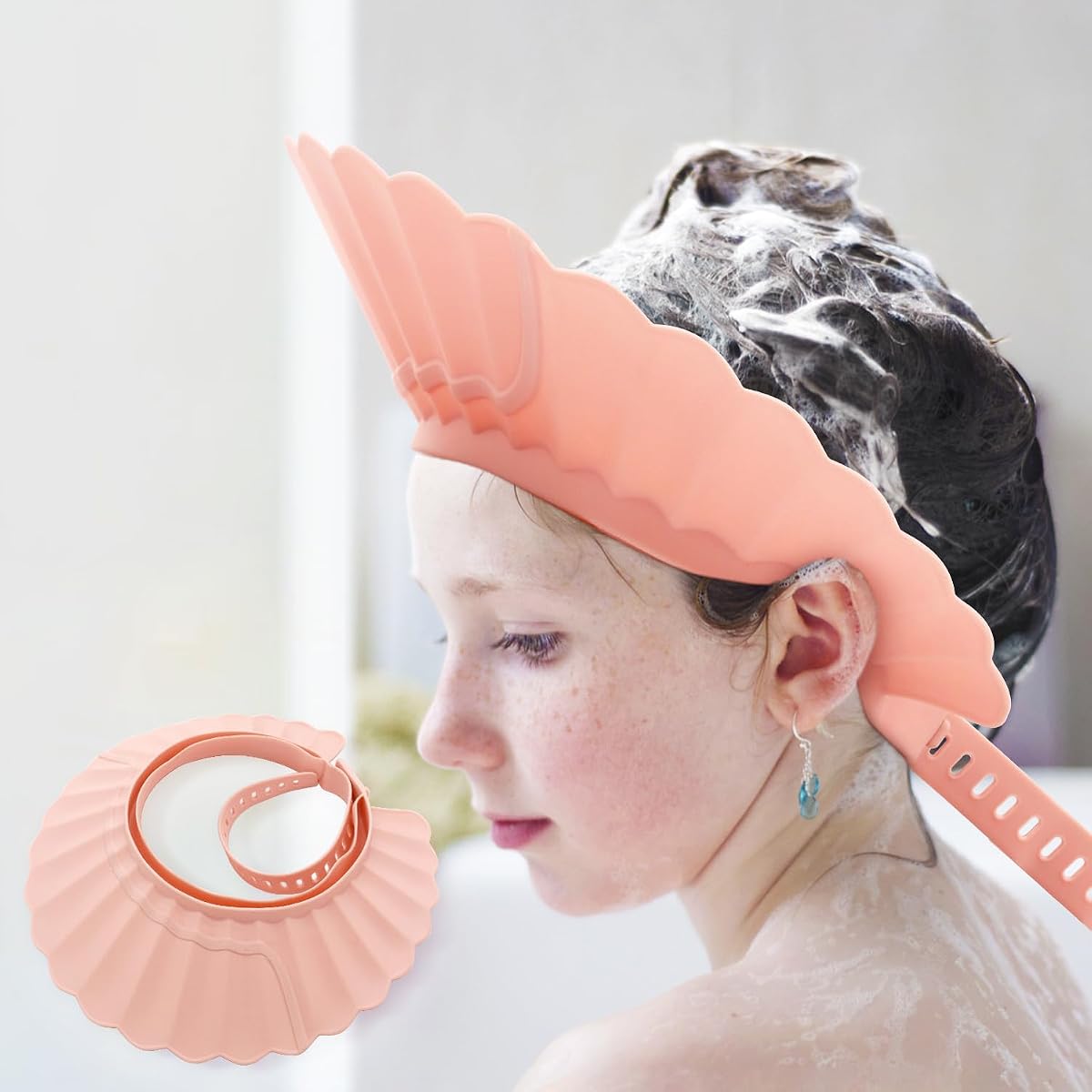 Baby Shower Cap Shield, Baby Hair Wash Hat, Shower Cap for Kids, Pink Bathing Cap Bath Hat Bathing Safe Silicone Protection, Soft Adjustable Visor Hat for Protector Head Eye Ear