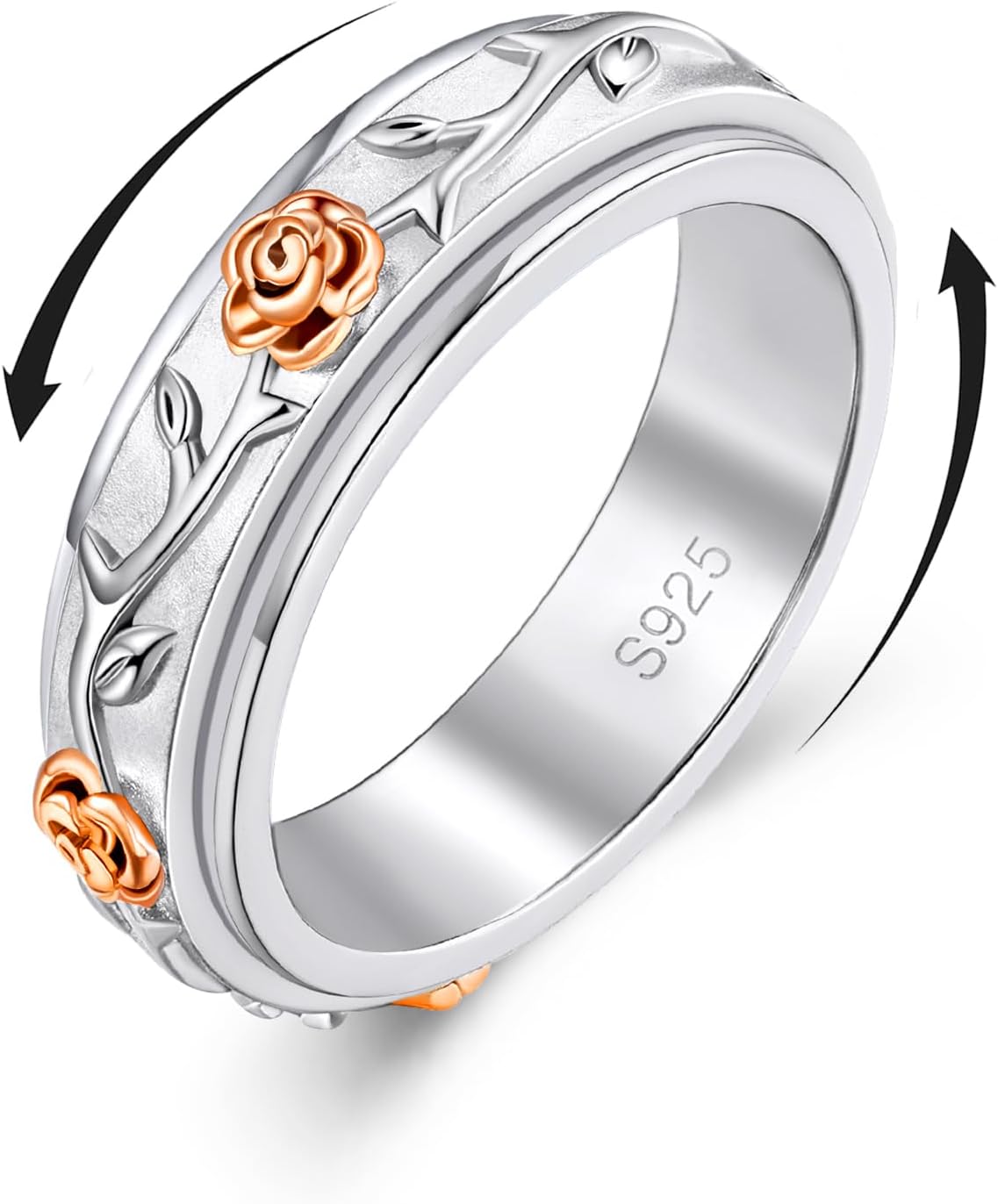 Fidget Ring 925 Sterling Silver Anxiety Relieve Spinner Rings Rose Flower Sunflower Band Ring ADHD Autism Stress Relieving for Women Men (Rose & Love, 9.5)