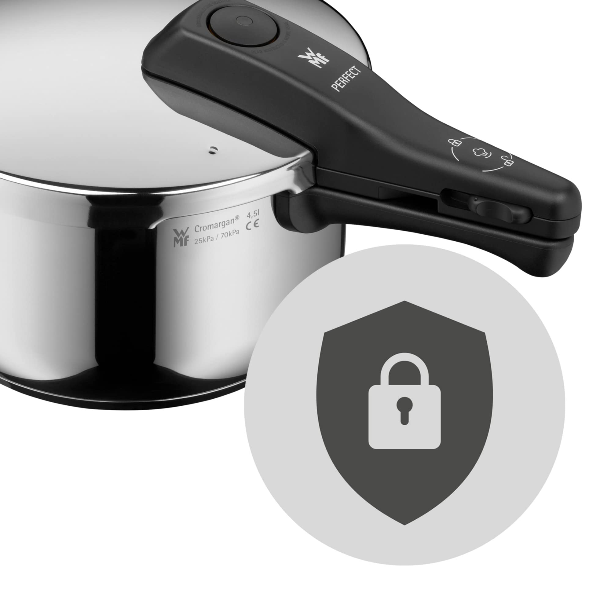 WMF Perfect - Pentola a pressione a induzione, 6,5 l, grande segnale di cottura, 2 livelli di cottura, manico con coperchio rimovibile, acciaio INOX Cromargan