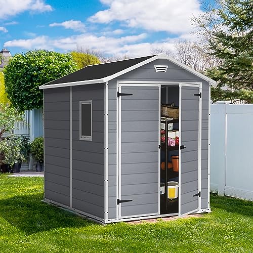 Image of Keter Manor 6x8 Foot All Weather Garden Tool Outdoor Storage Shed with Lockable Double Doors, Fixed Window and Wood-Look Resin Walls, Grey