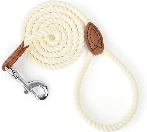 Mile High Life Dog Leash, Braided Cotton Rope Leashes with Leather Tailor Tip with Leather Tip - Heavy Duty Metal Clasp, 4FT, 1/2" Thick - Wedding, Walking Leash for Medium Large Dogs(Cream White)