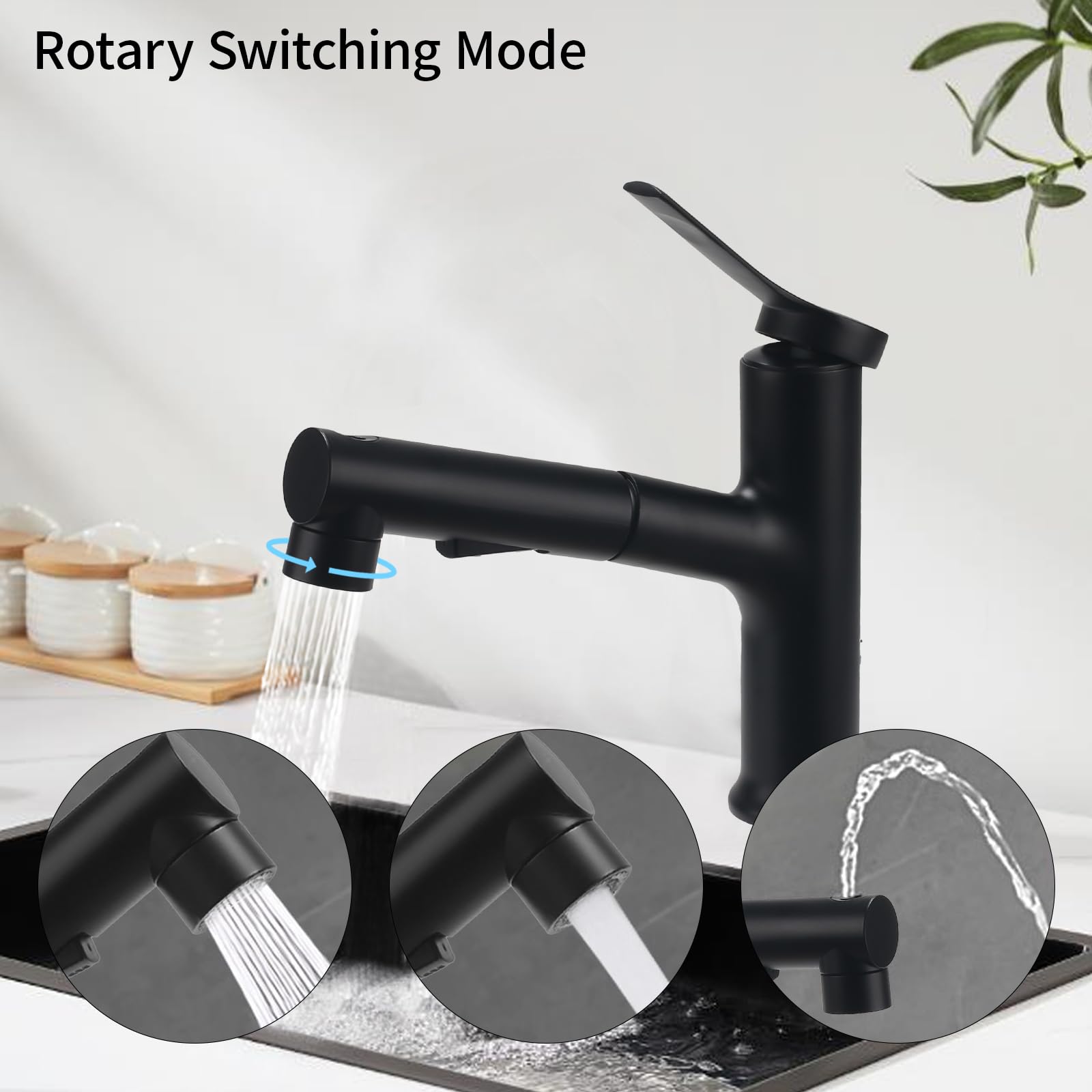 Robinet Salle de Bain avec Douchette Extractible (Noir) | Mitigeur Lavabo a 3 Modalità Cartouche Monocommande Miscelatore Eau Chaude et Froide en Céramique Blanc/Gris/Argenté/Noir