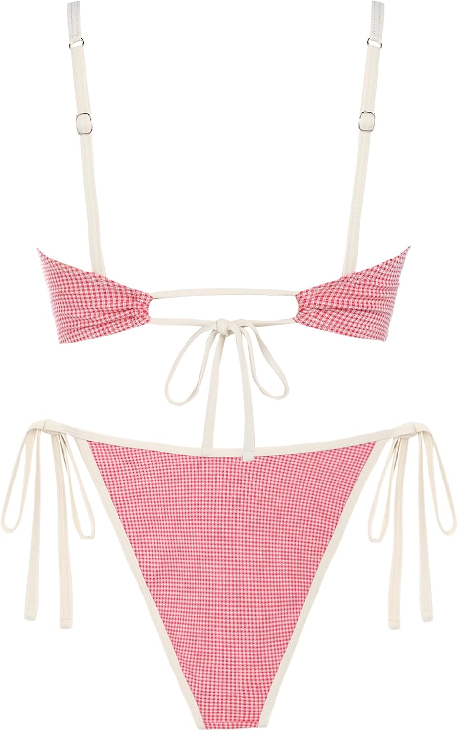 ZAFUL Bikini Sets for Women Plaid Ruffles Trim Swimsuit Sexy Tie Back Bowknot Triangle High Cut Tie Side Thong Bathing Suit