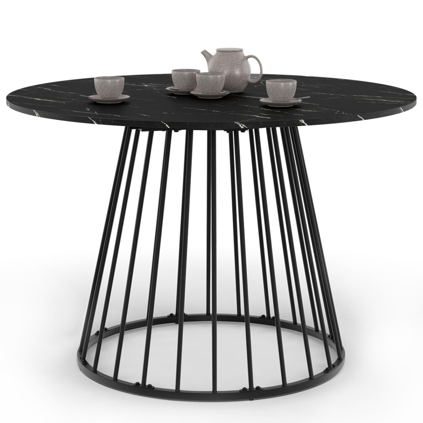 IDMarket Yuna - Mesa de comedor redonda para 6 personas, 110 cm, efecto mármol | Con pie con cable, bandeja efecto mármol negro alaska, metal negro