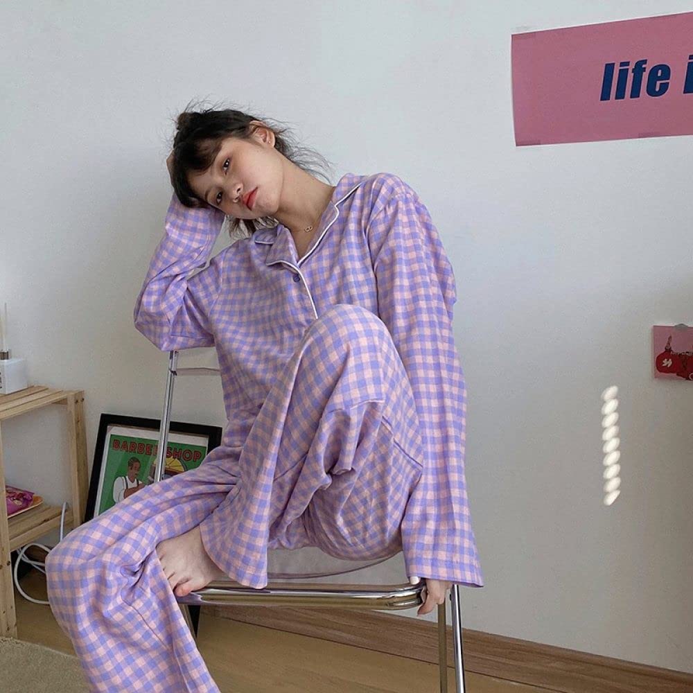 Pigiama Donna Corto Versatile A Quadri Dolce Pigiama in Cotone Pigiama Set Casual Manica Lunga Donna Pigiama Top & Pantaloni Indumenti da Notte Cozy Soft Loungewear