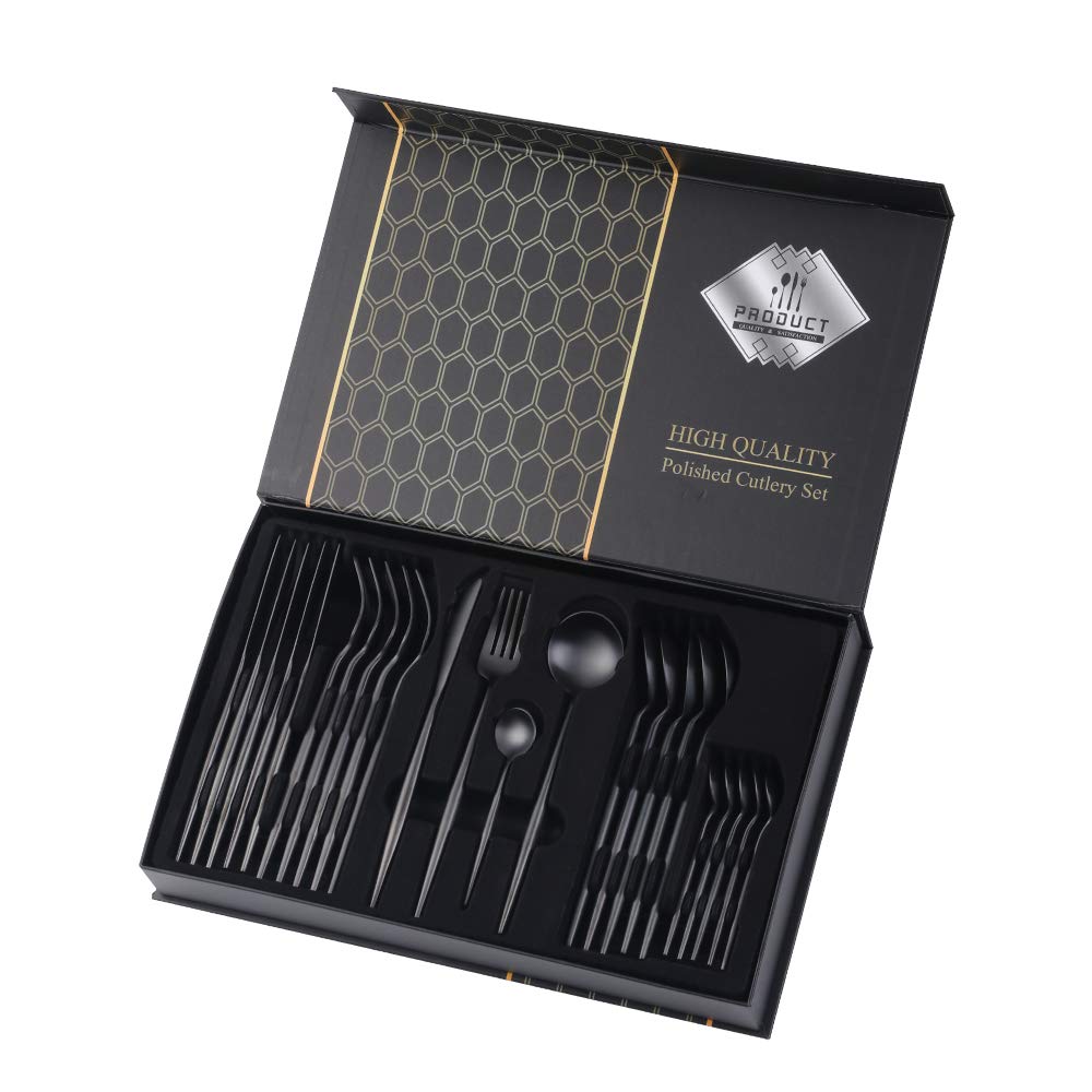 Juego de cubiertos YDware, 24 piezas de acero inoxidable, cubertería para 4, vajilla negra con caja de regalo, acabado mate