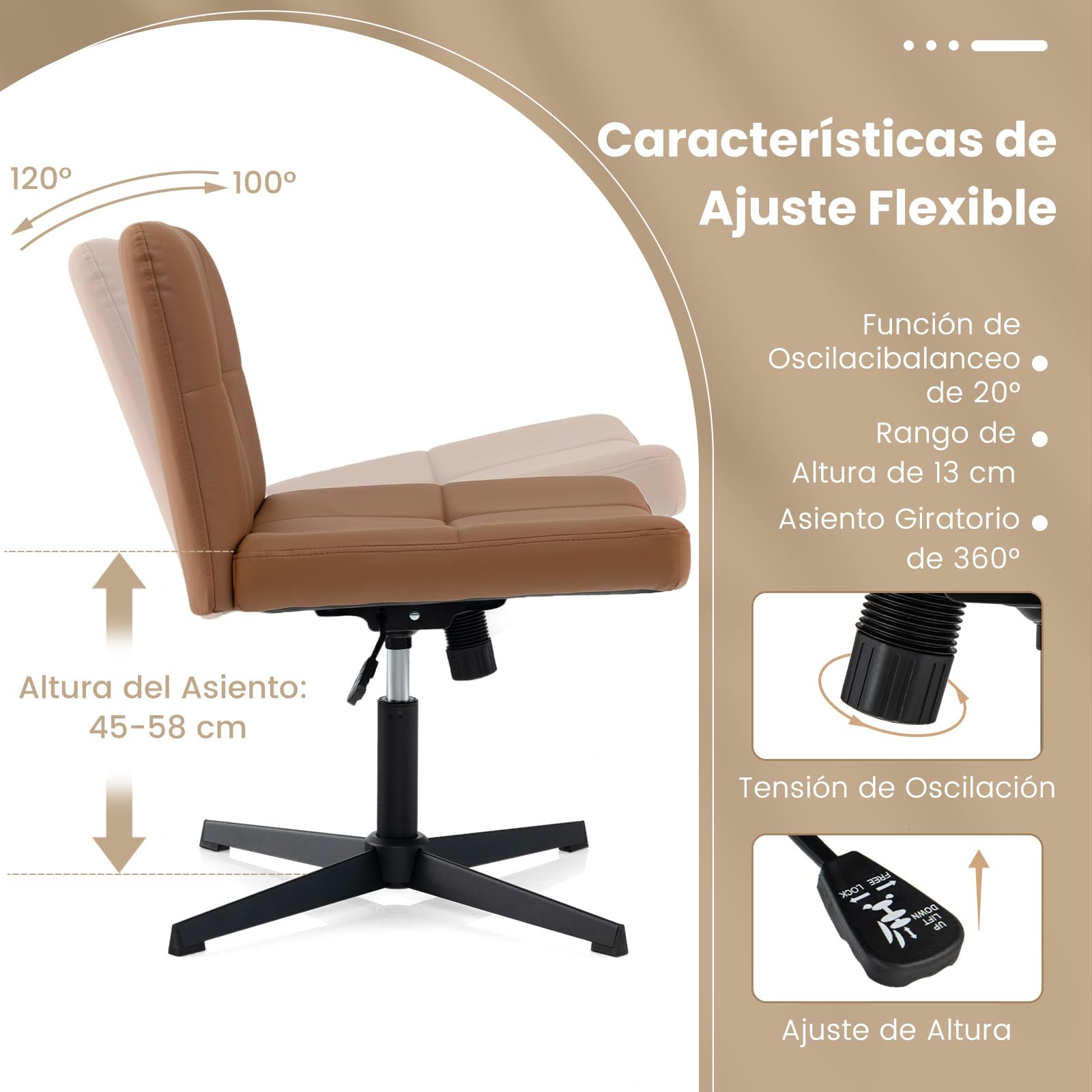 COSTWAY Silla Escritorio sin Brazos, Tapizada de Cuero de PU, Silla Oficina Inclinable y Altura Ajustable, Silla Tocador Estudio Dormitorio Oficina, 70 x 70 x 76-89 cm (marrón)